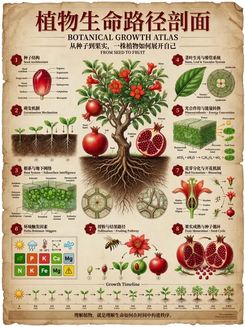 { "type": "scientific botanical infographic poster", "subject": "{argument name=\"plant species\" default=\"Pomegranate (Punica granatum)\"}", "style": "vintage botanical illustration mixed with modern infographic design, highly detailed, {argument name=\"color palette\" default=\"earthy greens, deep reds, parchment background\"}", "header": { "main_title": "{argument name=\"main title\" default=\"植物生命路径剖面\"}", "english_title": "{argument name=\"english title\" default=\"BOTANICAL GROWTH ATLAS\"}", "subtitle": "从种子到果实，一株植物如何展开自己 / FROM SEED TO FRUIT" }, "centerpiece": "full plant showing extensive root system, woody stem, green leaves, blooming red flowers, and ripe fruits including one halved to show seeds", "layout": { "numbered_sections": [ { "number": 1, "title": "种子结构 / Seed Architecture", "content": "cross-section of a single seed with 6 labeled parts" }, { "number": 2, "title": "萌发机制 / Germination Mechanism", "content": "sequence of 5 sprouting seeds showing radicle emergence" }, { "number": 3, "title": "根系与地下网络 / Root System + Subsurface Intelligence", "content": "detailed root network with 2 circular microscopic cross-sections showing vascular bundles and hyphae" }, { "number": 4, "title": "茎叶生长与维管系统 / Stem, Leaf & Vascular System", "content": "leaf detail and circular stem cross-section with 5 labeled layers" }, { "number": 5, "title": "光合作用与能量转换 / Photosynthesis + Energy Conversion", "content": "3D cellular cross-section of a leaf showing mesophyll and chloroplasts, plus a chemical equation diagram" }, { "number": 6, "title": "花芽分化与开花机制 / Bud Formation + Blooming", "content": "detailed flower cross-section showing stamen and ovary, plus a 4-season timeline" }, { "number": 7, "title": "授粉与结果路径 / Pollination + Fruiting Pathway", "content": "bee approaching a flower cross-section, followed by a sequence of 5 stages of ovary development into a fruit" }, { "number": 8, "title": "果实成熟与种子循环 / Fruit Maturation + Seed Cycle", "content": "ripe fruit breaking open, seeds dispersing downwards to a new sprout" } ], "additional_elements": [ { "position": "bottom left", "title": "环境触发因素 / Environmental Triggers", "content": "grid of 6 weather/environmental icons and 6 nutrient element icons (N, P, K, Ca, Mg, Fe)" }, { "position": "bottom edge", "title": "Growth Timeline", "content": "linear sequence of 19 small plant icons showing the complete life cycle from seed to mature plant" } ], "footer_quote": "{argument name=\"bottom quote\" default=\"理解植物，就是理解生命如何在时间中构建秩序。\"}" } }