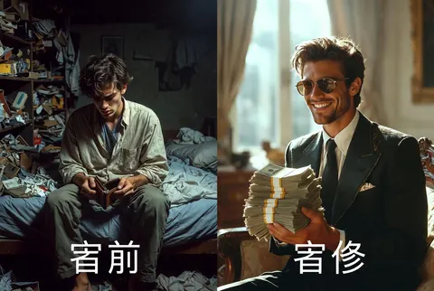 一个年轻男子的超现实分屏场景。左侧：在一个凌乱的小房间里坐在床上，面容疲惫，钱包空空，灯光昏暗，心情沮丧。右侧：同一个男子在发薪日后，身穿时尚服装，戴着太阳镜，手持现金，面带自信笑容，灯光明亮，背景奢华。添加粗体迷因文字：“{argument name="meme text 1" default="发薪日前 "}” 和 “{argument name="meme text 2" default="发薪日后 "}”。电影级灯光，8K 真实感，锐利细节，病毒式社交媒体风格。