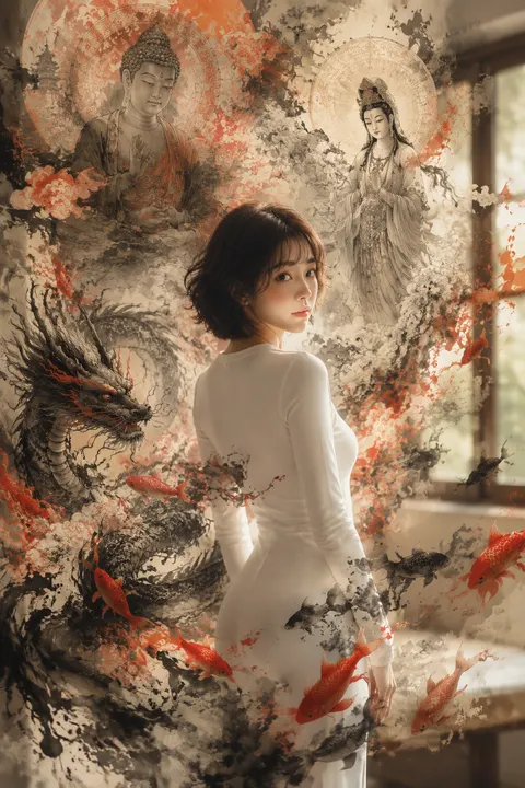 [中文] 一张动态的混合媒体摄影作品，将超写实肖像与传统的中国水墨插画相融合。 中心人物是一位具有柔和短波波头短发造型的照片般逼真的年轻亚洲女性。她的妆容自然且极简，表情平静而温柔。她背对相机站立，姿态呈现出优雅的S型曲线，营造出优美流畅的剪影。她微微转动上半身，越过肩膀回眸，带着一种安静、内省的情绪。 她穿着一件简约、修身的白色长袖服装，线条干净，面料柔软，传达出纯洁与极简主义，不显露细节。 她被置于一个靠近阳光明媚窗户的真实世界室内环境中。背景被严重模糊，具有强烈的散景和浅景深，营造出梦幻且充满氛围的环境。 从这种柔和模糊的现实之中，爆发出丰富的传统水墨插画，并环绕着她的身形。构图包括： - 带有耀眼光环的庄严如来佛像 - 在云端漂浮的优雅观音像 - 在空间中盘旋的流动中国水墨龙 - 在动态的水墨笔触中游动的成群锦鲤 这些元素以黑墨和朱红色调渲染，形成一幅密集的、具有精神力量的视觉织锦。水墨在她周围有机地流动，部分重叠并融入她的剪影之中，在现实与神话之间创造出无缝的融合。 没有轮廓线或贴纸效果。融合是自然、流畅且沉浸式的。 风格：电影级摄影，超精细，8k，柔光，现实与水墨艺术之间的高对比度，美术构图，博物馆级美学 宽高比：3:4 [English] A dynamic mixed-media photograph blending hyper-realistic portraiture with traditional Chinese ink illustration. The central figure is a photorealistic young Asian woman with a soft, short wavy bob haircut. Her makeup is natural and minimal, with a calm and gentle expression. She stands with her back to the camera in an elegant S-curve posture, creating a graceful and flowing silhouette. She slightly turns her upper body to glance over her shoulder with a quiet, introspective mood. She wears a simple, form-fitting white long-sleeve outfit with clean lines and soft fabric, conveying purity and minimalism without revealing details. She is placed in a real-world indoor setting near a sunlit window. The background is heavily blurred with strong bokeh and shallow depth of field, creating a dreamy and atmospheric environment. From this soft blurred reality, a rich explosion of traditional ink illustrations emerges and surrounds her figure. The composition includes: - Majestic Tathagata Buddhas with radiant halos - Elegant Guanyin figures floating among clouds - Flowing Chinese ink dragons coiling through space - Schools of koi fish swimming in dynamic ink strokes These elements are rendered in black ink and cinnabar red tones, forming a dense, spiritual visual tapestry. The ink flows organically around her, partially overlapping and blending into her silhouette, creating a seamless fusion between reality and myth. No outlines or sticker effects. The integration is natural, fluid, and immersive. Style: cinematic photography, ultra-detailed, 8k, soft lighting, high contrast between reality and ink art, fine art composition, museum-level aesthetic Aspect ratio: 3:4