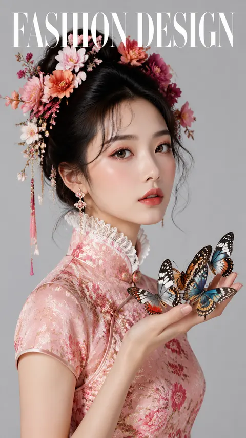 A beautiful woman wearing a pink cheongsam (qipao), with an exquisite floral headpiece, her hair adorned with colorful flowers, and an elegant white lace collar around her neck. One of her hands is gently holding several large butterflies. The overall shooting style presents a high-definition detailed texture, similar to a fashion magazine cover design, with the text "FASHION DESIGN" placed at the top center of the photo. The background uses a simple solid light gray to highlight the main subject.