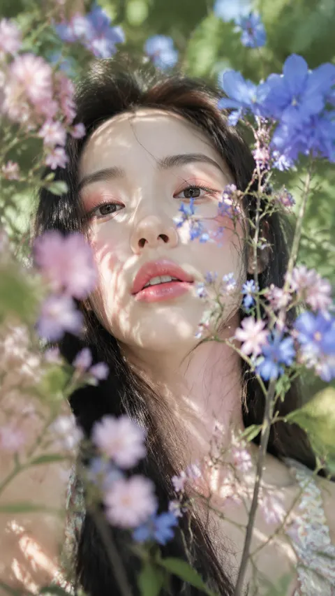 画幅比例：9:16。真人摄影，花园氛围感写真人像，梦幻柔光、浅景深、前景虚化、自然逆光感、轻微胶片氛围；年轻女性近景特写，黑发自然散落，偏冷白到中性白肤调，头部微仰正对镜头，眼神半开半阖，嘴唇微启，神情迷离又柔和，清透妆容，粉橘红调眼妆与嫩粉唇面高光明显；面部被蓝紫与粉色花枝大面积遮挡穿插，花丛作为前景层制造层次，背景是柔化的绿色花园，树影斑驳投在脸部与颈部，鼻梁、颧部和唇面保留柔亮反光，整体保留真实光影、轻微柔焦和细腻摄影颗粒感，避免完整清晰大脸、硬锐棚拍、过度干净商业人像