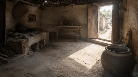 （横屏 16:9），中国历史写实剧情片场景空镜。【场景核心描述：1943 年潮汕饥荒时期贫困农家村屋室内，白天，夯土墙、旧木梁和单间生活空间】。
【空间布局：前景右侧放空陶米缸；中景左侧为低矮土灶和空碗，中央留人物活动区；背景右侧木门向外开启，门槛连接离村土路；后墙放一张旧木桌】。
【地域与时代细节：潮汕乡村夯土墙、灰瓦屋顶内侧、旧杉木门、粗陶器皿、柴火和无印花粗布，不出现玻璃窗、电器和现代家具】。【光影氛围：室内大面积昏暗，唯一强硬日光从背景右侧门口压入，照出空气灰尘和地面米粒，灶台保持低亮度】。
【视觉风格：低饱和中国历史写实电影，纪实摄影构图，真实泥墙、旧木、陶器和麻布纹理，轻微胶片颗粒，真实镜头景深，不要 CG 渲染感】。
【限制：无人物，无动物，无现代设施，无塑料，无文字，无字幕，无水印，无特效】。”
空间锚点：
1. 米缸固定在前景右侧。
2. 土灶固定在中景左侧。
3. 木门位于背景右侧。
4. 中央留人物交易区域。
5. 旧木桌贴后墙。
光线版本：白天门口硬光版
