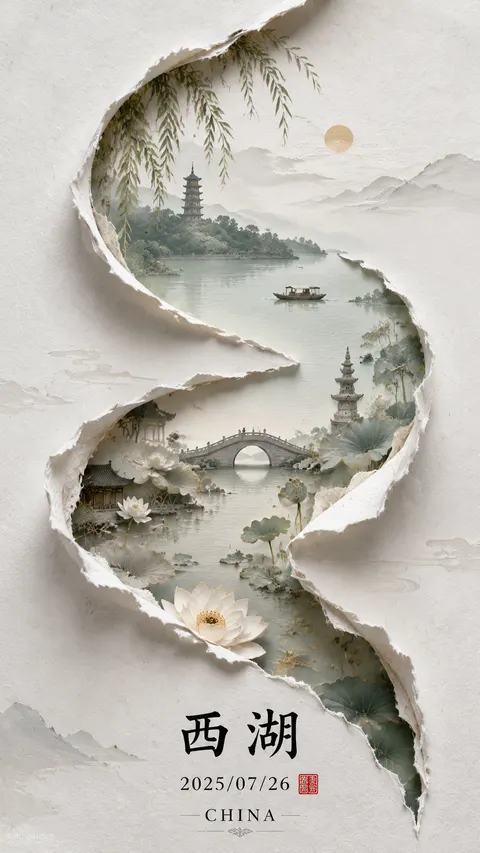 【主题词：西湖】
极简新中式美学风格，画面以淡雅的灰白色宣纸质感为背景，呈现纸艺剪影般的立体层叠效果。
一条自然流畅的S形蜿蜒撕纸裂痕边缘将画面分割，仿佛撕开一层纸面，露出内部隐藏的主题世界。
裂口内部围绕「{{USER_THEME}}」展开视觉主体，将该主题的核心元素进行东方美学艺术化呈现。
根据主题特点，提取其代表性元素，通过中国传统绘画、剪纸艺术、工笔画、东方山水意境与现代视觉设计相融合的方式进行表现。
画面内部采用柔和雅致的东方色彩体系，层次丰富但布局克制，主体元素自然融合，形成独特的东方视觉叙事。
整体构图保持S形视觉动线，空间具有流动感和节奏感，体现自然、人文与主题之间的和谐共生。
画面细节精致：
柔和光影、细腻纹理、纸张纤维、立体阴影、层叠结构清晰可见，营造高级3D浮雕纸艺效果。
裂口边缘采用真实撕纸效果，具有纸张厚度、纤维边缘和空间悬浮感，呈现博物馆级艺术装置视觉体验。
底部加入极简东方排版设计：
主标题：
「{{USER_THEME}}」
采用黑色楷体或宋体书写。
日期：
「{{CURRENT_DATE}}」
其中 {{CURRENT_DATE}} 自动读取系统当前日期，格式为 YYYY/MM/DD。
日期旁搭配红色传统印章元素。
底部加入庄重英文：
「CHINA」
整体风格：
极简、高级、东方美学、禅意、诗意、国风艺术海报、展览级设计、超精细、8K、高质量视觉作品。
负面提示词：
避免现代商业海报感，避免复杂文字，避免人物畸形，避免低清晰度，避免卡通风，避免塑料质感，避免欧美风格，避免颜色过度饱和，避免杂乱背景。