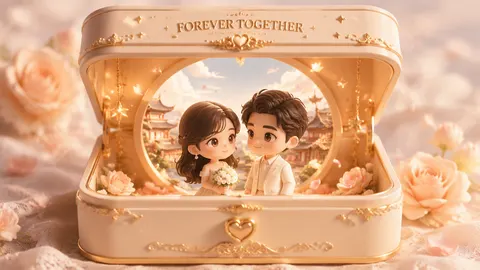 Based on the content of the photo, create an exquisitely detailed, adorably cute 3D rendered collectible figurine, placed in a soft pastel-toned, warm and romantic display box. The display box is in light cream color with soft gold accents, resembling an elegant portable jewelry box. Upon opening the lid, a warm romantic scene is revealed: two chibi characters are sweetly gazing at each other. The box top is engraved with the words "FOREVER TOGETHER", surrounded by delicate little stars and heart patterns.
Inside the box stands the woman from the photo, holding a small bouquet of white flowers. Beside her is her partner, the man from the photo. Both have large, sparkling, expressive eyes and soft, warm smiles, conveying deep affection and charming presence.
Behind them is a round window through which you can see a sunny classical Chinese town skyline with gently floating clouds. The interior of the box is lit with warm, soft lighting, with flower petals floating in the background for atmosphere. The entire display box and characters share an elegant, harmonious color palette, creating a luxurious and dreamy miniature keepsake scene.
Size: 9:16