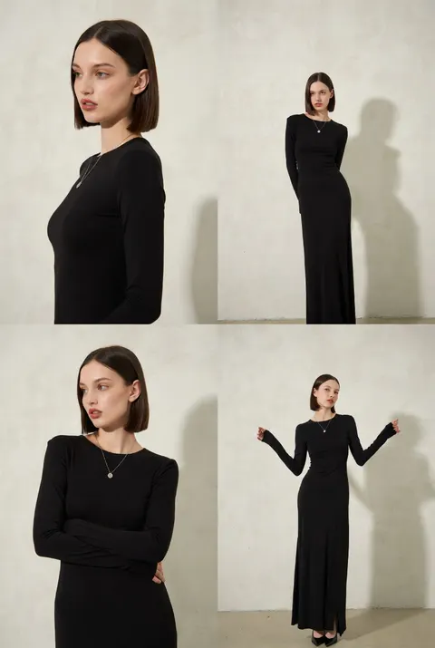 A studio fashion photoshoot featuring a young East Asian woman with a sleek, straight brunette bob haircut. She is wearing an elegant, form-fitting, long-sleeved black maxi dress with a crew neckline, paired with a delicate silver pendant necklace. The setting is minimalist with a clean, subtly textured off-white wall as the background and soft, neutral studio lighting. The image captures a collection of elegant poses showing the dress from multiple angles: a side-profile view looking toward the camera, a pose with arms crossed, a leaning pose showcasing the full length of the dress with black high heels, and a dynamic pose with slightly raised arms looking away. The overall aesthetic is minimalist, modern, chic, and sophisticated, emphasizing clean lines and high-fashion modeling poses.
