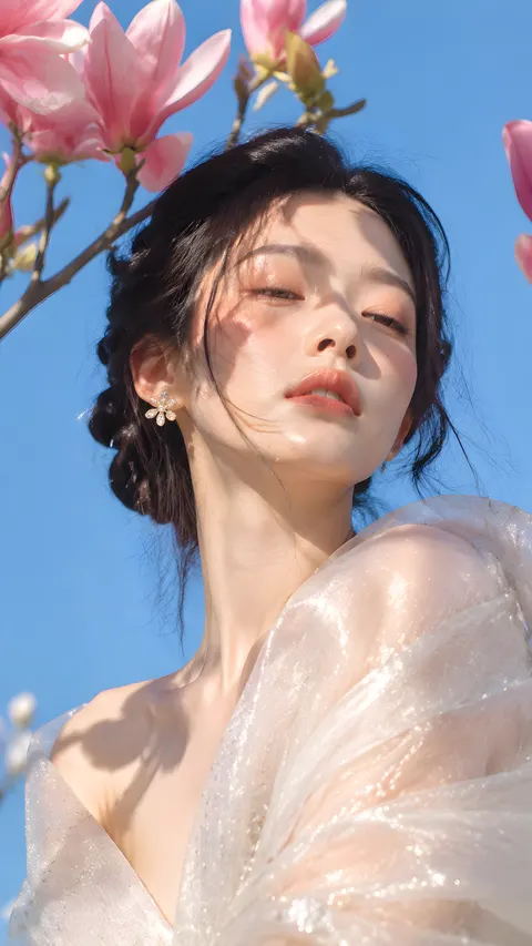 一张与附件图片中人物一致的超写实照片。Ultra 8k 高清画质，面部细节清晰，真实的皮肤质感，可见毛孔，瓷感水光肌，抖音 / 韩式玻璃肌妆容，亮面唇妆，柔和卧蚕，脸颊和鼻尖带有婴儿粉腮红，灰色美瞳。使用手机摄像头 / iPhone 拍摄，ISO 100，自然的手机镜头感，无背景虚化，无焦外成像，黑色和阴影部分略微提亮或扁平化，真实的曝光效果。 场景：明亮的户外夏日人像，蓝天背景，柔和的花影投射在脸上，头部附近有巨大的粉色木兰花，肩部环绕着闪烁的透明织物，清澈的阳光，真实的强光和自然的皮肤纹理。 姿势：真实自然的抓拍感，不僵硬，非正脸直视，从略低的角度拍摄的特写，双眼轻闭，面部朝向阳光，一侧肩膀前倾，神态宁静优雅。 发型：灰棕色顺滑低发髻，隐藏在闪烁的透明织物下，脸侧有柔和的发丝修饰，精致优雅。 服装：肩部优雅地披着带有细微水晶细节的闪光半透明白色围巾，佩戴个性花朵耳环，柔和的奢华夏日女神美学，优雅且精致。