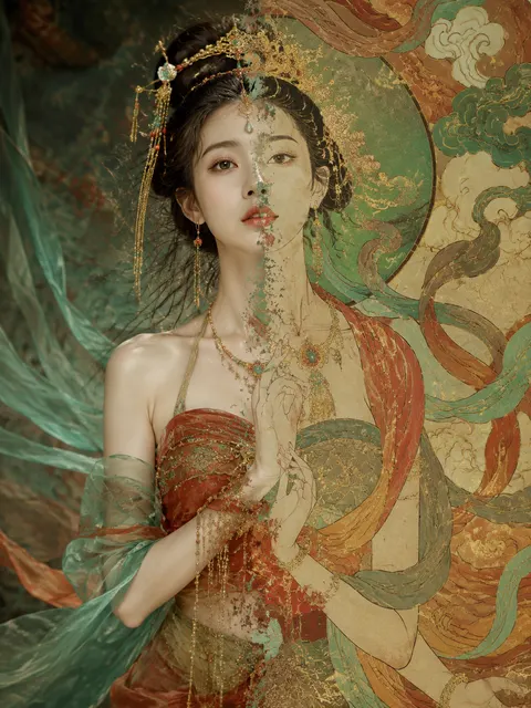 同一位女性，从写实风格向敦煌壁画工笔风格转化，
身体一半保留拟真质感，另一半逐渐成为工笔重彩人物，
矿物颜料（石绿/朱砂）从触碰点向全身蔓延，
线条从柔和转为清晰的游丝描，
--ar 3:4
