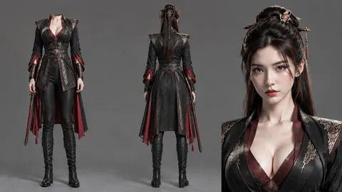 Create a photorealistic three-panel character reference sheet based strictly on the uploaded reference image. The uploaded image is the single source of truth for identity, age, facial structure, hairstyle, body proportions, skin tone, clothing design, fabric, colors, and accessories. Do not redesign or reinterpret. 

LAYOUT — Horizontal landscape composition, read left to right, arranged as three vertical panel areas of equal height and equal width. All three panel areas must have exactly the same width, each occupying one third of the total image width. The first two panels are full-body views, and the third is a face / upper-body close-up. The three panel areas must form one continuous, seamless composition with no visible divider lines, borders, frames, gutters, gaps, spacing, or changes in the background between panels. 

PANEL 1 — FULL-BODY FRONT VIEW (HEAD OMITTED) Standing straight in a neutral pose, arms naturally at the sides, facing directly toward the camera. The outfit is fully visible from the neckline down to the footwear. First establish the figure at exactly the same full-body scale and framing as in Panel 2, then omit only the head area above the neckline, leaving normal empty space where the head would have been. No decapitation effect, no wound, no severed neck, no surrealism, and no anatomical damage — a clean character-design presentation in which the head information has been intentionally removed. Never enlarge, zoom, reframe, shift, or re-crop the body to compensate for the missing head. 
PANEL 2 — FULL-BODY REAR VIEW The exact same character seen from directly behind, in the same neutral pose, arms at the sides. Clearly show the back silhouette, the hairstyle from behind, the garment construction and seams, the lower-body garment, and the footwear, exactly as in the reference. 

PANELS 1 & 2 — SCALE-LOCKED Shot consecutively as if from a tripod that never moved: identical focal length, camera height, camera distance, subject scale, and lighting. Identical on-screen shoulder width, torso length, leg length, shoe size, shoulders-to-floor distance, and side margins. Both figures share one identical horizontal ground baseline and one identical horizontal shoulder line, and each figure occupies the same percentage of the panel height. No zoom, crop, vertical shift, or difference in body size between them. Near-orthographic, technical feel with minimal perspective distortion. 

PANEL 3 — FACE / UPPER-BODY CLOSE-UP Head-and-shoulders portrait of the exact same character, cropped from the upper chest upward. Turn the head slightly to the subject’s right, creating a subtle three-quarter angle while keeping the face mostly toward the camera. The subject’s left cheek and left side of the face must be visibly more exposed than the right side, with the nose pointing slightly toward the subject’s right rather than straight at the camera. Keep both eyes clearly visible and maintain direct eye contact with the camera. Do not use a perfectly frontal, symmetrical face angle. Maintain a serious neutral expression. Keep the entire head, hairstyle, chin, and hair outline fully inside the frame with a small amount of space above the hair. Preserve the exact identity, age, facial structure, hairstyle, skin texture, wrinkles, and natural asymmetry of the  reference. 

CONSISTENCY Identical character identity, age, skin tone, hairstyle, body proportions, wardrobe (every garment, its cut, and all accessories exactly as in the reference), fabrics, colors, lighting, and color grading across all three panels. This is a technical visual reference / costume documentation sheet, not a creative reinterpretation. 

BACKGROUND Neutral mid-grey (#808080) seamless background extending continuously across the entire image without any interruption or panel separation. Identical background color and brightness across all three panel areas. 

LIGHTING & RENDER Clean soft even lighting, large diffused key light with gentle fill, soft natural shadows, no harsh highlights, true-to-life skin tones, neutral white balance, minimalist high-fashion editorial look, polished modern professional model-sheet aesthetic, shot on a full-frame camera with an 85mm lens, deep controlled depth of field with the entire figure in focus, crisp tack-sharp detail, high dynamic range. 

NEGATIVE No text, labels, typography, logos, measurements, props, furniture, environmental objects, decorative graphic design, divider lines, borders, frames, gutters, panel gaps, or visible seams between panels. No unequal panel widths, and no panel wider or narrower than the others. No rim light, colored lighting, harsh spotlight, or theatrical lighting.