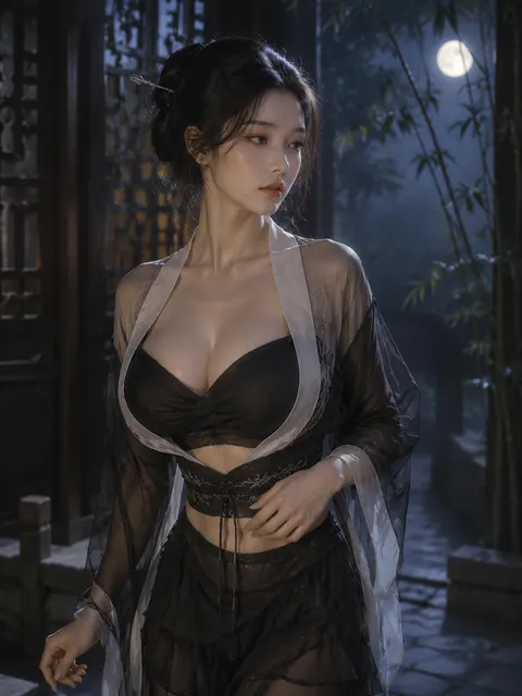 9:16 竖版，近距离半身写真，新中式时尚 Editorial × 清冷梦核古风 × 电影写实抓拍。
一位 21–24 岁、明确成年的漂亮东亚女性，身高约 1.74 米，小头小脸，清冷御姐鹅蛋脸，冷白如玉瓷肌，带有不食烟火的疏离感与故事感。底妆轻薄通透，眼尾晕染淡淡茶棕，豆沙水光唇。乌黑长发梳成微乱有空气感的半挽新中式发髻，斜插一柄极细银质冷簪，碎发随风轻拂。

身材呈现极其鲜明夸张的沙漏型比例：纤细肩颈，优美锁骨清晰展现；上半身丰满圆润厚实并明显向前立体突出，胸部视觉约为自然饱满的 E 罩杯立体曲线，丰满挺拔；自胸下至腰腹急速向内强烈收束，形成“极度丰满上围 ＋ 极窄蜂腰”的剧烈视觉反差，腰肢细窄如柳。
身穿一件改良版墨黑配月白深 V 交领真丝薄纱短上衣，胸前交叠衣襟自然敞开，内衬紧身黑色真丝抹胸托出饱满上围，腰部紧束一道极细暗银刺绣窄版真丝腰封，下接微透的黑色层叠不规则轻纱短裙，露腰剪裁将蜂腰比例推向极致。
动作：身姿微侧 20°，一手轻扶腰间腰封，另一手纤指自然下垂虚握，回眸侧视镜头，眼神平静克制。
裁切：完整头顶至腰胯附近，不裁到大腿。50mm 人像镜头，构图微偏。
场景：月夜下微雾缭绕的江南古朴庭院回廊，身后是深色木质镂空花窗与一竿修竹，背景浅景深虚化保留环境空间感。
光线：清冷月光配合正面微弱暖漫射柔光，在发丝、锁骨与薄纱边缘形成细腻高光，暗部通透不发灰，画面具有东方高级时装杂志大片质感。

【负面提示词】
Negative prompt: 未成年感，幼态儿童化，廉价 Cosplay 塑料古装，粗制滥造化纤反光布料，全脸油腻反光，现代大浓眉假睫毛，动漫脸，3D 模型假人，假胸变形扭曲，手部畸形多指少指，领口完全闭合保守，长袍完全遮盖腰身，画面死黑失焦，文字水印。