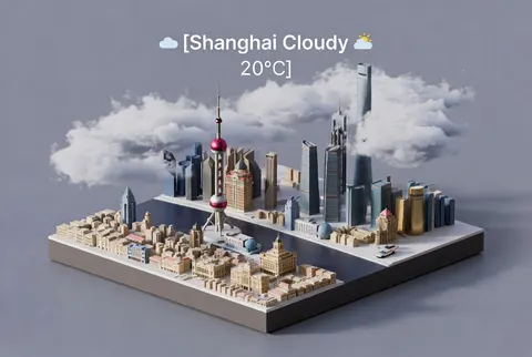 From a clear 45-degree overhead angle, display an isometric miniature model scene featuring iconic city buildings such as [Shanghai Oriental Pearl Tower, the Bund]. Weather effects are cleverly integrated into the scene, with soft cloudy weather gently interacting with the city. Use physically-based rendering (PBR) and realistic lighting effects, solid background, clean and concise. The image uses centered composition to highlight the precise and delicate beauty of the 3D model. Display "[Shanghai Cloudy 20°C]" at the top of the image, with a cloudy weather icon.