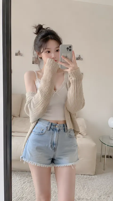 生成一张高度写实的休闲镜面自拍，画面主体为一位年轻东亚女性站在极简风格的米色卧室中，使用智能手机进行竖屏拍摄。她身穿带有蕾丝边和蝴蝶结装饰的白色罗纹吊带背心，外搭一件滑落至单肩的米色粗棒针织开衫，下身穿着浅蓝色高腰毛边牛仔短裤。她的姿态随性且时髦，单肩微露，一只手抬起靠近面部，毛衣袖口遮住部分手掌，呈现出自然社交媒体穿搭照的效果，而非影棚人像。房间采用温暖的中性光线，身后摆放着米色沙发，墙面为素雅的米白色，贴有几张小型照片，边缘可见窄边框黑色全身镜，右侧设有一张玻璃边几，地面铺着柔软的米色地毯。要求比例真实，皮肤质感自然，呈现柔和的室内日光、低饱和度色调，具备日常智能手机拍摄的浅景深效果，并体现地道的非 AI 感日系生活美学。
