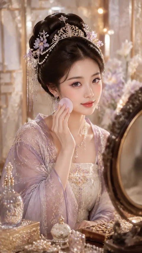 9:16 竖版，古风贵女香槟珠光美妆写真，珍珠妆阁场景，东方古典女性半身近景。人物坐在妆台前，通过铜镜轻轻看向镜头，一只手抬起，用柔软粉扑轻触脸颊，姿态端庄自然，神情温润、矜贵、从容，带富养大小姐的华美与精致感。

人物为视觉年龄约 20–28 岁、明确成年的年轻东方女性，珠圆玉润贵女脸，柔和鹅蛋脸，额头与面中自然丰盈，下颌线柔顺，清亮杏眼，眼裂自然修长，眼神温柔沉静，鼻梁秀气流畅，鼻尖精致圆润，唇形柔软饱满，五官比例协调，近景耐看。

妆容为雪青香槟珍珠妆。底妆清透细腻，带柔和珍珠光泽，但保留自然皮肤纹理，不油腻。眼妆使用雪青粉、浅豆沙、香槟金渐层晕染，眼中与卧蚕加入细腻香槟珠光，眼尾自然加深并拉长；睫毛纤长分明。面中使用柔和豆沙粉与浅玫瑰腮红，鼻梁、鼻尖和面中加入细致珍珠高光。唇妆采用玫瑰奶茶色水润玻璃唇，唇峰与唇珠清晰。整体妆后气质温润、华美、柔和、矜贵。

发型为柔顺乌发盘成圆润高髻，头顶自然饱满。发间搭配香槟金镂空发梳、雪青色琉璃花钗、层叠珍珠珠链、透明珠滴与细金流苏，结构华丽但不遮挡脸部。耳饰为珍珠、雪青琉璃与浅金细链组合，颈间可搭配精致珍珠项链与雪青色小型坠饰。

服装为雪青色云肩襦裙，内层使用象牙白刺绣内衫，胸前有细腻浅金花纹与珍珠细节；外层使用雪青与香槟金刺绣纱衣，肩部、领缘和袖口带精细珠绣与金线纹样，外搭浅蓝灰柔纱披帛。服装颜色明确分层：雪青负责主视觉，象牙白提亮人物，香槟金增加华贵感，浅蓝灰负责冷暖平衡，避免整张图统一紫色罩染。

场景为精致珍珠妆阁，人物前方是一面古铜色圆形妆镜，妆台摆放少量珍珠首饰盒、香粉盒、透明琉璃香瓶与首饰。背景使用白玉屏风、香槟金纱帘和淡色兰花，暖白灯影从后方形成柔和散景与金色光斑，整体精致但不喧宾夺主。

光线采用暖白与香槟金柔光结合，人物面部有独立柔和补光，双眼、眼影、腮红、唇妆和皮肤纹理清晰可见。面部高光细腻克制，不形成全脸油光。背景保持浅景深柔和虚化，镜面边缘作为前景框景，增强妆阁生活感和画面层次。

85mm 人像镜头，真实摄影质感，高级古风贵女美妆写真，珠光细腻，珍珠与金属材质清晰，服装刺绣精致，画面明亮通透，柔和华美，高完成度。