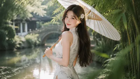 3:4竖版构图，东方古典电影人像摄影（Oriental Classical Cinematic Portrait Photography），真实电影摄影机拍摄，高级东方女性写真，真实自然环境光，非插画，非动漫，非CG渲染。

画面主体为一位22岁以上原创东方成年女性角色。

整体氛围：
清透、温柔、优雅、诗意，像一部东方文艺电影中的近距离人物特写。

人物姿态：
人物距离镜头较近，采用近距离半身到大半身构图。身体侧向镜头，肩膀和腰部形成明显转动，上半身轻微回转，腰线自然收紧，身体呈现优雅S形曲线，不是正面站立，不是僵硬摆拍，呈现东方女性柔美的侧身姿态。头部轻微转向镜头，眼神自然看向镜头，表情温柔安静，带有轻微含蓄感。

服装：
穿着原创东方无袖旗袍，旗袍采用高级白色丝绸材质，无袖设计，露出纤细肩颈线条，高立领设计，修身剪裁，贴合身体曲线，展现东方女性优雅轮廓。旗袍表面印有淡墨竹叶纹，纹理如中国水墨画自然晕染，图案细腻低调，布料柔软有光泽，随着身体姿态产生自然褶皱，整体感觉简洁、高级、现代东方美学。

发型：
保留大量自然披散长发，不是盘发，不是传统发髻。深棕色长发，头发长度达到胸口以下，发量丰富，发丝柔顺光滑，具有丝绸般自然光泽。部分头发垂落在肩前，部分长发自然贴合背部，额前保留轻薄碎发，侧边佩戴简约白色花朵发饰，营造清雅东方少女感。

妆容：
精致东方淡妆，不是素颜。皮肤呈现高级真实质感，眼妆自然精致，睫毛纤长，眼尾轻微修饰，脸颊带有自然淡淡腮红，提升气色，唇色为柔和水润豆沙色，整体妆感清透但明显经过化妆。

皮肤：
Milky Porcelain Fair Skin（牛奶瓷白肌），肤色整体亮度比普通冷白肤色略高，皮肤纯净通透，白皙如瓷器般细腻，不偏黄色，不偏灰色，不偏粉色，呈现柔和奶油般光泽，保留真实皮肤纹理，避免塑料感。

道具：
手持传统江南白色油纸伞，圆形伞面，竹制伞骨，手工纸张纹理清晰，伞面半透明但不过度透光，具有古典东方器物质感。

环境：
江南园林水岸，竹林环绕，旁边有浅水溪流，远处有古典建筑和石桥，绿色植物形成自然背景，前景有少量竹叶遮挡镜头，增强空间层次。

摄影：
真实电影摄影机拍摄，85mm人像镜头，近距离摄影，浅景深，人物占据画面主要比例，背景自然虚化。清晨柔和阳光穿过竹叶，形成斑驳光影，绿色环境光反射到人物轮廓，脸部有柔和自然补光，高级电影调色，真实胶片颗粒，自然曝光。

画面重点：
无袖白色水墨旗袍，披散柔顺长发，牛奶瓷白肌肤，淡妆腮红，侧身S型曲线，近距离东方女性电影肖像。

Negative Prompt：
盘发，古代发髻，头发全部扎起，短发，普通白皮肤，偏黄肤色，偏灰肤色，偏粉肤色，素颜，没有妆感，正面站姿，僵硬动作，远距离全身照，影楼写真感，廉价旗袍，复杂首饰，塑料皮肤，AI磨皮，动漫脸，CG渲染，过度HDR，过曝，错误手指，畸形身体，伞错位显示。