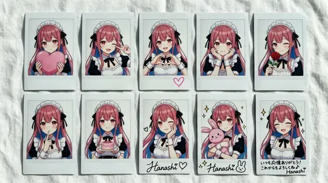 { "type": "collection of instant photos", "setting": "laid out flat on a white fabric surface", "character": { "hair": "{argument name=\"hair color\" default=\"long pink hair with blue inner color\"}", "outfit": "{argument name=\"outfit\" default=\"black and white maid uniform with frilly headband and black ribbons\"}", "eyes": "reddish-pink" }, "layout": { "arrangement": "two rows of five polaroid photos", "count": 10, "photos": [ { "position": "top row 1", "description": "holding a pink heart cushion" }, { "position": "top row 2", "description": "winking, making a peace sign" }, { "position": "top row 3", "description": "making a hand heart, pink heart doodle on the bottom border" }, { "position": "top row 4", "description": "resting chin on hands, gentle smile" }, { "position": "top row 5", "description": "holding a red rose, winking" }, { "position": "bottom row 1", "description": "finger to lips, shy expression" }, { "position": "bottom row 2", "description": "holding a small pink cake" }, { "position": "bottom row 3", "description": "winking, hand near face, signature '{argument name=\"signature text\" default=\"Hanashi\"}' and heart doodle on border" }, { "position": "bottom row 4", "description": "holding a pink bunny plushie, sparkle doodles, signature '{argument name=\"signature text\" default=\"Hanashi\"}' and bunny doodle on border" }, { "position": "bottom row 5", "description": "winking, sparkle doodles, message '{argument name=\"message text\" default=\"いつも応援ありがとう！これからもよろしくね♪\"}' and signature '{argument name=\"signature text\" default=\"Hanashi\"}' on border" } ] } }