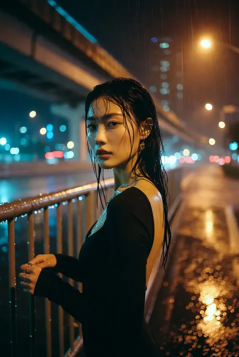 成年亚裔女性，面部轮廓清冽冷感，肌肤细腻自然；乌黑长发被雨水打湿，湿发凌乱贴在脸颊与脖颈。身着修身黑色长袖露背连衣裙，搭配简约银色耳饰、细项链与戒指。

雨夜城市高架桥场景，湿漉漉路面、金属护栏，远处高楼与车流；路灯形成连绵暖黄色散景光斑，地面倒映红、橙、冷蓝色光影。人物同时被暖色路灯光与冷调城市环境光包裹，肌肤与湿发带有真实水光质感。浓郁胶片质感，浅景深，35mm 镜头拍摄，带有细微胶片颗粒；高对比度同时保留暗部层次，真实降雨、清晰可见雨滴。城市夜景时尚人像，情绪克制，弥漫孤独、暧昧与悠长的氛围感。

人物回头望向镜头，眼神沉静忧郁，嘴唇微张，仿佛雨夜别离前的最后一瞥。肢体动作自然，肩颈放松，人体比例写实，手部结构精准，姿态不僵硬。