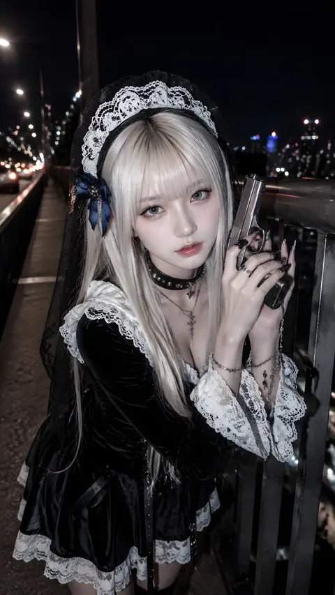 提示：
真人摄影，夜间都市桥面哥特街拍写真，竖幅 9:16，夜晚高架桥或跨江桥人行道场景，手机直闪 / 机顶闪光灯质感，人物被正面强闪照亮，背景保留夜景路灯、高架车道、城市楼宇灯点与少量车辆虚化光斑。日系冷感美少女，白金长直发配齐刘海，发量顺直下垂，头戴白色蕾丝女仆头饰与黑色薄纱，右侧有蓝色蝴蝶结发夹，肤色冷白到象牙白，在夜间冷暖混合灯光下微微偏冷。穿黑色哥特女仆风丝绒短裙，白色蕾丝胸前装饰与领口荷叶边，袖口大面积白色蕾丝花边，黑色铆钉项圈，整体服装精致贴身，带轻微丝绒反光质感。人物以近景半身到胸像构图为主，身体微微前倾靠近镜头，双手把银黑色手枪贴在脸侧，手部姿态精致，长指甲、戒指、链条饰品与十字架挂饰清晰可见。表情冷淡、疏离、略带危险感，眼神直视镜头，眼睑微垂，嘴唇自然微张，情绪克制安静但有压迫感。背景为金属护栏、桥面车道、远处街灯与夜色城市虚化，整体色调以黑、白、冷金、冷灰蓝为主，画面具有夜间直闪、轻微胶片颗粒、浅景深、真实皮肤质感与时尚街拍氛围，兼具暗黑哥特与都市夜拍质感。
