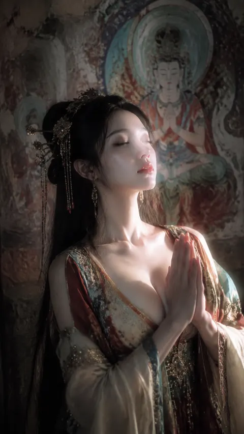 漂亮的成年亚洲女性，20-23岁，真人感，自然姿态，小头比例，头像感强，身形纤瘦，白皙冷白皮肤。梦核风格的前置摄像头抓拍画面，带有随性松弛的生活化氛围，ins风，像随手记录的一瞬间。画面中的御姐气质出众，容貌精致美艳，带有少女感与梦核氛围，低分辨率抓拍质感，露出的脸部与肌肤带有轻微曝光感。她拥有黑色顺直及腰长发，发量丰厚，发丝柔顺，造型华丽，佩戴精致的敦煌风发饰与发簪。身穿华丽的敦煌风古装，服饰设计精美繁复，加入深V领设计，领口开得较低，露出大半胸部与明显的肩颈、锁骨线条，整体呈现古典华美与轻微性感并存的视觉效果。人物置身于敦煌石窟壁画前，双手合十，虔诚祈祷，柔和而漂亮的光影洒落在她身上，画面梦幻、神秘、唯美，兼具古风气息与抓拍感。9:16