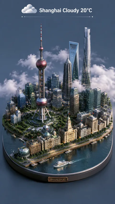 From a clear 45-degree overhead angle, display an isometric miniature model scene featuring iconic city buildings such as [Shanghai Oriental Pearl Tower, the Bund]. Weather effects are cleverly integrated into the scene, with soft cloudy weather gently interacting with the city. Use physically-based rendering (PBR) and realistic lighting effects, solid background, clean and concise. The image uses centered composition to highlight the precise and delicate beauty of the 3D model. Display "[Shanghai Cloudy 20°C]" at the top of the image, with a cloudy weather icon.
