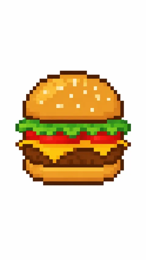 Create a minimalist 8-bit pixel-style [🍔] logo, centered on a pure white background. Use a limited retro color palette with pixelated details, sharp edges, and clean blocky forms. The logo should be simple, iconic, and clearly recognizable in pixel art style — inspired by classic arcade game aesthetics.