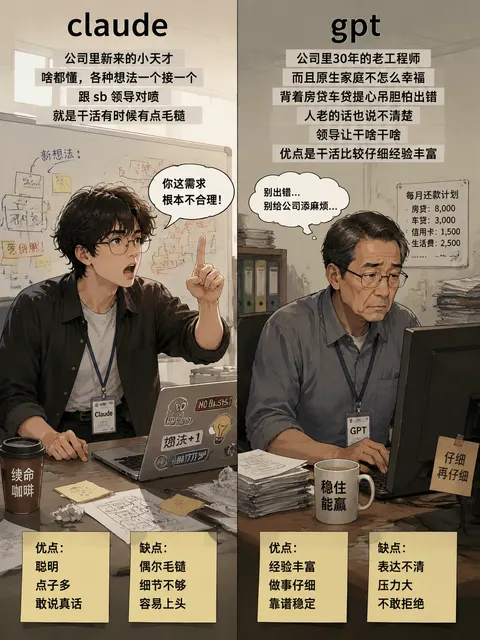 claude 是公司里新来的小天才啥都懂，各种想法一个接一个，跟 sb 领导对喷，就是干活有时候有点毛糙。

gpt 是公司里 30 年的老工程师，而且原生家庭不怎么幸福，背着房贷车贷提心吊胆怕出错，人老的话也说不清楚，领导让干啥干啥，优点是干活比较仔细经验丰富。