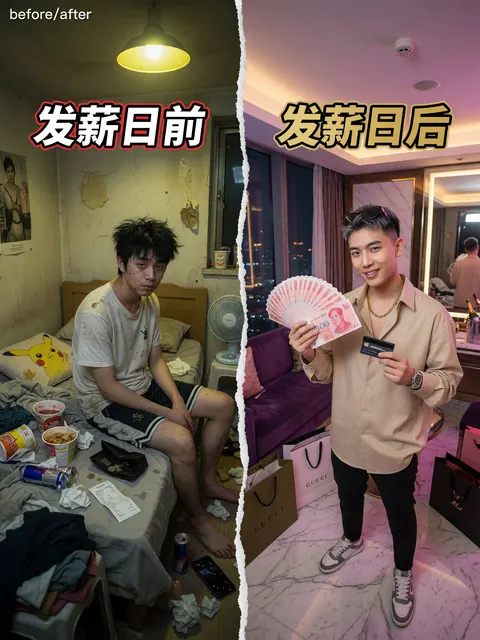 一个年轻男子的超现实分屏场景。左侧：在一个凌乱的小房间里坐在床上，面容疲惫，钱包空空，灯光昏暗，心情沮丧。右侧：同一个男子在发薪日后，身穿时尚服装，戴着太阳镜，手持现金，面带自信笑容，灯光明亮，背景奢华。添加粗体迷因文字：“{argument name="meme text 1" default="发薪日前 "}” 和 “{argument name="meme text 2" default="发薪日后 "}”。电影级灯光，8K 真实感，锐利细节，病毒式社交媒体风格。