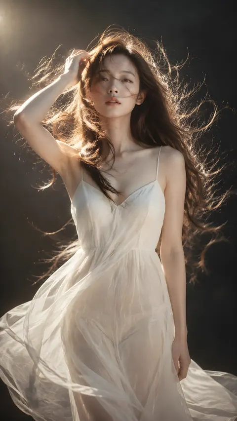 画面风格：唯美浪漫人像摄影风格，采用高清晰度与高分辨率呈现，光影过渡柔和细腻，色彩还原真实且富有层次感，整体氛围梦幻纯净，具有强烈的沉浸式视觉体验。
核心元素：年轻的亚洲女性角色，身着白色吊带连衣裙，长发飞扬，背景为深色暗调空间，人物位于画面中心，构图采用中心对称与视觉引导线结合，前景为人物与飞扬的发丝，中景为裙摆飘动，远景为模糊的深色背景，增强空间纵深感。
具体内容：女性角色拥有深棕色长卷发，发丝随风飘动，部分发丝遮挡面部，增加动感与神秘感。面部五官精致，眼神温柔专注，嘴唇微启，表情自然放松。她身穿一件白色细吊带连衣裙，裙摆轻盈飘逸，面料轻薄透明，带有细腻的纱质纹理。她的右手抬起，轻轻抓住一缕头发，左手自然垂下，姿态优雅且富有动态感。
构图方式：采用中心构图，人物位于画面中央，视线方向留有适当空间。前景飞扬的发丝与人物面部形成视觉焦点，中景裙摆飘动引导视线向四周延伸，形成自然的视觉动线。相机参数设定为全画幅传感器，使用50mm标准镜头，光圈f/1.8，快门速度1/160秒，ISO 200，白平衡自动，对焦模式为单点对焦，确保人物面部与发丝细节清晰锐利。光线来自左上方，形成柔和的侧逆光效果，人物轮廓边缘有轻微辉光，阴影过渡自然，无明显硬边。整体色彩基调以白色与深棕色为主，辅以深色背景，营造出宁静唯美的氛围。
技术参数：相机型号为高端数码单反相机，镜头参数为50mm f/1.8定焦镜头，拍摄模式为光圈优先模式，焦距50mm，光圈f/1.8，快门速度1/160秒，ISO 200，白平衡自动，对焦模式为单点对焦，确保主体清晰。
