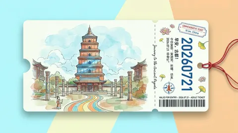 围绕任意主题对象生成旅行纪念票券视觉：整体呈横置实体票根形态，左侧约七成宽为插画面板，右侧约三成宽为洁白信息票根，中间以竖直虚线打孔撕线分隔；票身圆角矩形，左缘保留半圆缺齿，轻柔浮于浅青与奶黄几何色块背景上并带柔和投影，右缘穿出细红绳系结，形成可触摸的实体纪念物感。左侧面板以细稳手绘墨线加薄透水彩渲染呈现主题派生的核心地标或主场景，近乎居中偏满构图，主体建筑或形体分层清晰、体量饱满，顶部可有塔尖或高耸轮廓压住天际，中部立面暖砖红或主题主色块与蓝玻璃式冷色层对比，底层入口区有主题相关的伞篷、门廊或仪式化前场；前景两侧可设主题纹样柱体或次级建筑作对称夹持，左下角可放极小尺度人物或器物点景以建立生活尺度；地面以柔和多色弧带路径引向入口，天空为淡蓝水彩晕染与轻盈团状白云，整体线稿连贯、填色半透明、不过度写实、不做成厚重油画。右侧票根保持干净白底竖排信息层：顶部小圆角印章式短标签承载纪念属性，其下超大加粗竖排编号形成强视觉锚点，再配主题地名词、副名与日期，中部可放小指南针或主题小图标，下部英文字样与底部条码完成旅行证件语汇，空隙点缀细小花饰；竖排文案与左画面之间可有纤细竖写手感短句作过渡。材质锁定奶油纸面、干净印刷感，无泛黄做旧、无污渍折痕；色调以暖砖红、赤陶褐、玻璃蓝、奶油白、淡天蓝与路径上的轻彩条为主，保持清透旅记温度。必须保持“左插画右编号、撕线票根、软彩水彩、几何底色轻浮投影、红绳收口”的跨系统关系；禁止改成普通海报、纯摄影明信片或无票根结构的插画页，也禁止把主题对象写成固定城市或固定建筑类型而失去可替换性。
主题：西安大雁塔+早安问候+2026-07-21+今日宜忌
画幅：16:9