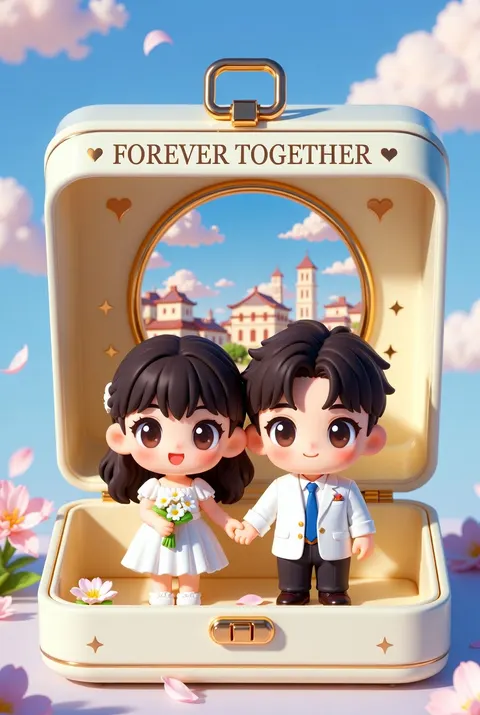 Based on the content of the photo, create an exquisitely detailed, adorably cute 3D rendered collectible figurine, placed in a soft pastel-toned, warm and romantic display box. The display box is in light cream color with soft gold accents, resembling an elegant portable jewelry box. Upon opening the lid, a warm romantic scene is revealed: two chibi characters are sweetly gazing at each other. The box top is engraved with the words "FOREVER TOGETHER", surrounded by delicate little stars and heart patterns.
Inside the box stands the woman from the photo, holding a small bouquet of white flowers. Beside her is her partner, the man from the photo. Both have large, sparkling, expressive eyes and soft, warm smiles, conveying deep affection and charming presence.
Behind them is a round window through which you can see a sunny classical Chinese town skyline with gently floating clouds. The interior of the box is lit with warm, soft lighting, with flower petals floating in the background for atmosphere. The entire display box and characters share an elegant, harmonious color palette, creating a luxurious and dreamy miniature keepsake scene.
Size: 9:16