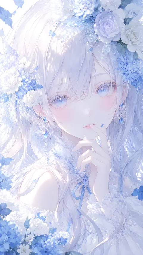 二次元少女插画，近距离半身肖像，一个白发少女作为主体，精致纤细的五官，浅色长发飘散，透明感肌肤，淡蓝色眼眸，眼神清冷而梦幻，脸颊带微微粉色晕染，手指轻触嘴唇附近，表情安静优雅。少女周围环绕大量蓝白色花朵与透明花瓣装饰，花朵覆盖画面边缘，形成梦幻花环效果。

场景为纯净梦幻的白色背景空间，带有轻盈的水晶感与幻想氛围，整体如唯美日系插画封面。构图采用超近景人像构图，主体居中偏上，脸部占据画面核心，大量留白与花卉元素平衡布局，具有杂志封面设计感，竖版构图。

镜头：85mm人像镜头视角，浅景深，柔焦效果，近距离特写，突出眼睛和面部细节，高精度面部刻画。

光线：柔和漫射光，从正面与侧上方照射，冷色调柔光，轻微逆光，发丝边缘有透明光晕，营造清透梦幻氛围。

色彩：以冰蓝色、白色、浅青色为主色调，搭配少量粉色腮红与深蓝色装饰线条，高明度，低饱和，清冷优雅的配色。

风格：日系二次元美少女插画，唯美幻想风，轻小说封面风格，精致线稿，细腻赛璐璐上色，透明水彩质感，梦幻花卉装饰，优雅华丽。

画质关键词：超高细节，8K高清，masterpiece，best quality，ultra detailed，high resolution，sharp focus，精致眼睛刻画，细腻发丝纹理，干净线条，专业插画作品。

不要文字，不要水印，不要logo，不要额外人物，不要复杂背景，不要畸形手指。