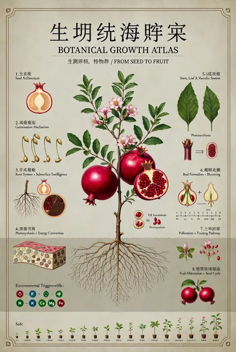 { "type": "scientific botanical infographic poster", "subject": "{argument name=\"plant species\" default=\"Pomegranate (Punica granatum)\"}", "style": "vintage botanical illustration mixed with modern infographic design, highly detailed, {argument name=\"color palette\" default=\"earthy greens, deep reds, parchment background\"}", "header": { "main_title": "{argument name=\"main title\" default=\"植物生命路径剖面\"}", "english_title": "{argument name=\"english title\" default=\"BOTANICAL GROWTH ATLAS\"}", "subtitle": "从种子到果实，一株植物如何展开自己 / FROM SEED TO FRUIT" }, "centerpiece": "full plant showing extensive root system, woody stem, green leaves, blooming red flowers, and ripe fruits including one halved to show seeds", "layout": { "numbered_sections": [ { "number": 1, "title": "种子结构 / Seed Architecture", "content": "cross-section of a single seed with 6 labeled parts" }, { "number": 2, "title": "萌发机制 / Germination Mechanism", "content": "sequence of 5 sprouting seeds showing radicle emergence" }, { "number": 3, "title": "根系与地下网络 / Root System + Subsurface Intelligence", "content": "detailed root network with 2 circular microscopic cross-sections showing vascular bundles and hyphae" }, { "number": 4, "title": "茎叶生长与维管系统 / Stem, Leaf & Vascular System", "content": "leaf detail and circular stem cross-section with 5 labeled layers" }, { "number": 5, "title": "光合作用与能量转换 / Photosynthesis + Energy Conversion", "content": "3D cellular cross-section of a leaf showing mesophyll and chloroplasts, plus a chemical equation diagram" }, { "number": 6, "title": "花芽分化与开花机制 / Bud Formation + Blooming", "content": "detailed flower cross-section showing stamen and ovary, plus a 4-season timeline" }, { "number": 7, "title": "授粉与结果路径 / Pollination + Fruiting Pathway", "content": "bee approaching a flower cross-section, followed by a sequence of 5 stages of ovary development into a fruit" }, { "number": 8, "title": "果实成熟与种子循环 / Fruit Maturation + Seed Cycle", "content": "ripe fruit breaking open, seeds dispersing downwards to a new sprout" } ], "additional_elements": [ { "position": "bottom left", "title": "环境触发因素 / Environmental Triggers", "content": "grid of 6 weather/environmental icons and 6 nutrient element icons (N, P, K, Ca, Mg, Fe)" }, { "position": "bottom edge", "title": "Growth Timeline", "content": "linear sequence of 19 small plant icons showing the complete life cycle from seed to mature plant" } ], "footer_quote": "{argument name=\"bottom quote\" default=\"理解植物，就是理解生命如何在时间中构建秩序。\"}" } }