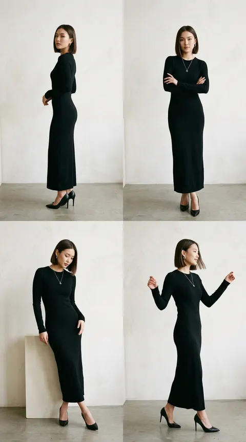 A studio fashion photoshoot featuring a young East Asian woman with a sleek, straight brunette bob haircut. She is wearing an elegant, form-fitting, long-sleeved black maxi dress with a crew neckline, paired with a delicate silver pendant necklace. The setting is minimalist with a clean, subtly textured off-white wall as the background and soft, neutral studio lighting. The image captures a collection of elegant poses showing the dress from multiple angles: a side-profile view looking toward the camera, a pose with arms crossed, a leaning pose showcasing the full length of the dress with black high heels, and a dynamic pose with slightly raised arms looking away. The overall aesthetic is minimalist, modern, chic, and sophisticated, emphasizing clean lines and high-fashion modeling poses.