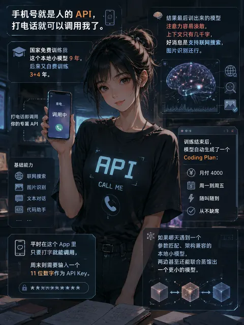 手机号就是人的API，打电话就可以调用我了。
	
国家免费训练我这个本地小模型 9 年，后来又自费训练 3+4 年。
	
结果最后训出来的模型注意力容易涣散，上下文只有几千字，好消息是支持联网搜索，图片识别还行。
	
训练结束后，模型自动生成了一个 Coding Plan：
	
月付 4000，周一到周五，随叫随到，从不缺席。
	
平时在这个 App里只要打字就能调用，周末则需要输入一个 11 位数字作为 API Key。
	
如果哪天遇到一个参数匹配、架构兼容的本地小模型，两边甚至还能联合蒸馏出一个更小的模型。