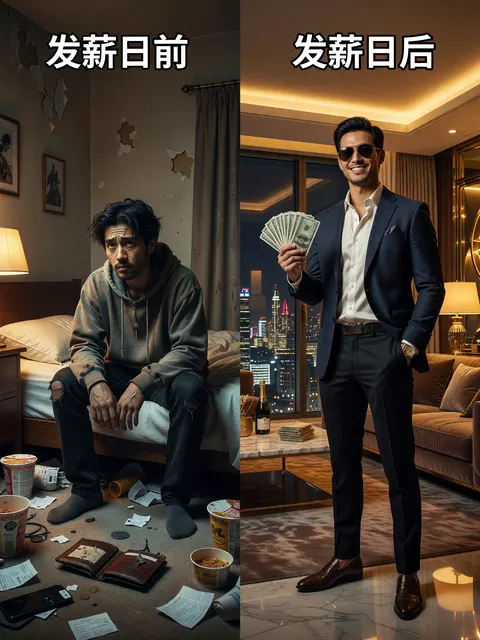 一个年轻男子的超现实分屏场景。左侧：在一个凌乱的小房间里坐在床上，面容疲惫，钱包空空，灯光昏暗，心情沮丧。右侧：同一个男子在发薪日后，身穿时尚服装，戴着太阳镜，手持现金，面带自信笑容，灯光明亮，背景奢华。添加粗体迷因文字：“{argument name="meme text 1" default="发薪日前 "}” 和 “{argument name="meme text 2" default="发薪日后 "}”。电影级灯光，8K 真实感，锐利细节，病毒式社交媒体风格。