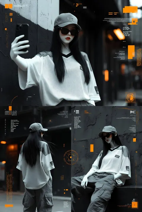 Ultra aesthetic streetwear girl collage poster, black and gray moody background, three different poses (selfie pose, back pose, sitting pose), oversized white jersey shirt, gray cargo pants, black sunglasses, gray cap, long black hair, soft white skin, trendy Korean fashion, dark urban atmosphere, glowing orange HUD elements, floating typography, cinematic lighting, depth of field, luxury street style, high contrast, TikTok edit style, CapCut template aesthetic, premium poster design, photorealistic, ultra detailed, 9:16 vertical composition.