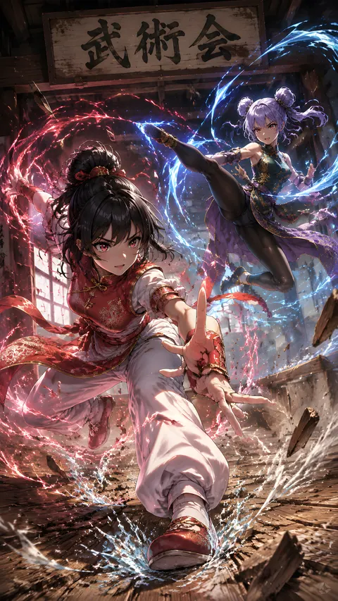 An anime-style illustration of a {argument name="action type" default="high-impact martial arts battle"} between two young female fighters in a {argument name="setting" default="traditional wooden martial arts dojo"}. In the foreground, a girl with black hair in a high bun wears a {argument name="character 1 color theme" default="red and white"} Chinese-style martial arts outfit with baggy pants. She is in a dynamic, low, forward-thrusting stance, surrounded by swirling red energy and water splashes. In the background to the right, a girl with light purple hair in twin buns wears a {argument name="character 2 color theme" default="green and purple"} Chinese dress with gold embroidery and black tights. She is leaping through the air in a flying kick pose, surrounded by swirling blue energy. The wooden floorboards are splintering from the intense impact, with debris and dust flying through the air. Above them hangs a weathered wooden sign with the text "{argument name="sign text" default="武術会"}". The scene features dramatic lighting, a low-angle dynamic perspective, and intense action effects.