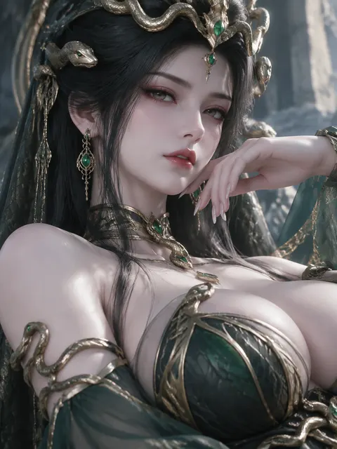 Fashion portrait style image
Core elements:
Character: Queen Medusa from Battle Through the Heavens
Composition proportion: The character takes up 80% of the frame
Requirements: Maximize sensual styling, gaze and poses with an elegant tone
Shooting parameters: Shot on an 85mm prime lens with wide aperture, shallow depth of field, soft natural light paired with subtle fill light, non-selfie shot