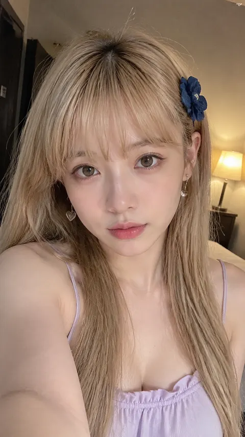 一位年轻成年女性在室内卧室中进行近距离手机自拍，胸部以上近景构图，人物脸部占据画面主体，正面略微俯视镜头，肩膀自然放松，身体轻微侧向镜头，眼睛直视镜头，表情安静自然，嘴唇微微放松。

女生拥有浅金色长直发，头发自然垂落在双肩和胸前，轻薄整齐的空气刘海覆盖额头，头顶有少量自然碎发和细小翘起发丝，清晰表现每一根头发的真实纹理。右侧耳边别着一枚深藏蓝色立体花朵发夹。

脸型小巧精致，五官自然，棕色大眼睛，细长自然睫毛，淡淡眼线，浅棕自然眉毛，小巧鼻尖，柔和粉色嘴唇。妆容非常轻薄，呈现自然裸妆效果。

皮肤保持真实人体皮肤质感，能够看到细微毛孔、皮肤纹理、鼻尖高光、脸颊细小色差和自然肤色变化，皮肤细腻但保留真实细节，呈现高分辨率真人摄影质感。

耳朵佩戴小巧银色耳饰，一侧为简洁耳钉，一侧为细小的银色爱心吊坠耳环。

身穿一件浅薰衣草紫色细肩带上衣，胸口带有柔软褶皱与轻微荷叶边设计，面料自然贴合身体。

场景为现代简约卧室，背景使用暖灰色墙面，左侧可以看到深色门框与阴影区域，右后方摆放一盏开启的暖黄色床头台灯，背景自然虚化但仍然能够识别室内空间。

室内自然光与暖色台灯混合照明。人物正面受到柔和自然光照射，脸部光线均匀柔软，右侧背景带暖黄色灯光，左侧略暗，形成非常轻微而真实的明暗层次。眼睛带自然窗光反射，高光柔和。

真实手机前置摄像头自拍风格，近距离拍摄，轻微广角透视，真实镜头距离，人物没有刻意摆拍感，像女生在卧室里随手拍摄的一张日常自拍