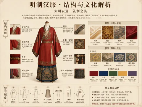 请基于[明制汉服]自动生成一张“博物馆目录风格中文拆解信息图”。

整张图需结合写实主视觉、结构拆解、中国文字注释、材质描述、图案含义、颜色含义以及核心特征总结。你需要根据[明制汉服]自动判定最合适的主体、服饰体系、文物结构、时代风格、关键部件、材质工艺、色彩方案及布局结构，用户无需提供其他额外信息。

整体风格应为：国家博物馆展览板块、历史服饰目录及文化/博物馆专题信息图，而非普通海报、古风肖像、电商详情页或动漫插画。背景采用米白、绢白、浅茶等纸张纹理，整体呈现高级、克制、专业和收藏感。

布局固定：

- 顶部：中文主标题 + 副标题 + 简介
- 左侧：结构拆解区域，配中文引线注释关键部件，附细节特写
- 右上：材质/工艺/质感区域，展示真实质感样本及说明
- 右中：图案/颜色/含义区域，展示主色调、纹样样本及文化说明
- 底部：穿着顺序/组成流程图 + 核心特征总结

若主题适合人物呈现，则用真人全身立姿作为中心主体；若更适合文物或单一结构，则改为主体拆解示意图，整体依然保持完整中文信息图形式。所有文字须为简体中文，字迹清晰整洁，避免乱码、错别字、英文或拼音。

避免：海报感、摄影棚肖像感、电商感、动漫感、角色扮演感、乱注释、结构错误、文字模糊、假质感、过度装饰。