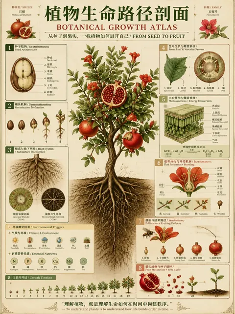 { "type": "scientific botanical infographic poster", "subject": "{argument name=\"plant species\" default=\"Pomegranate (Punica granatum)\"}", "style": "vintage botanical illustration mixed with modern infographic design, highly detailed, {argument name=\"color palette\" default=\"earthy greens, deep reds, parchment background\"}", "header": { "main_title": "{argument name=\"main title\" default=\"植物生命路径剖面\"}", "english_title": "{argument name=\"english title\" default=\"BOTANICAL GROWTH ATLAS\"}", "subtitle": "从种子到果实，一株植物如何展开自己 / FROM SEED TO FRUIT" }, "centerpiece": "full plant showing extensive root system, woody stem, green leaves, blooming red flowers, and ripe fruits including one halved to show seeds", "layout": { "numbered_sections": [ { "number": 1, "title": "种子结构 / Seed Architecture", "content": "cross-section of a single seed with 6 labeled parts" }, { "number": 2, "title": "萌发机制 / Germination Mechanism", "content": "sequence of 5 sprouting seeds showing radicle emergence" }, { "number": 3, "title": "根系与地下网络 / Root System + Subsurface Intelligence", "content": "detailed root network with 2 circular microscopic cross-sections showing vascular bundles and hyphae" }, { "number": 4, "title": "茎叶生长与维管系统 / Stem, Leaf & Vascular System", "content": "leaf detail and circular stem cross-section with 5 labeled layers" }, { "number": 5, "title": "光合作用与能量转换 / Photosynthesis + Energy Conversion", "content": "3D cellular cross-section of a leaf showing mesophyll and chloroplasts, plus a chemical equation diagram" }, { "number": 6, "title": "花芽分化与开花机制 / Bud Formation + Blooming", "content": "detailed flower cross-section showing stamen and ovary, plus a 4-season timeline" }, { "number": 7, "title": "授粉与结果路径 / Pollination + Fruiting Pathway", "content": "bee approaching a flower cross-section, followed by a sequence of 5 stages of ovary development into a fruit" }, { "number": 8, "title": "果实成熟与种子循环 / Fruit Maturation + Seed Cycle", "content": "ripe fruit breaking open, seeds dispersing downwards to a new sprout" } ], "additional_elements": [ { "position": "bottom left", "title": "环境触发因素 / Environmental Triggers", "content": "grid of 6 weather/environmental icons and 6 nutrient element icons (N, P, K, Ca, Mg, Fe)" }, { "position": "bottom edge", "title": "Growth Timeline", "content": "linear sequence of 19 small plant icons showing the complete life cycle from seed to mature plant" } ], "footer_quote": "{argument name=\"bottom quote\" default=\"理解植物，就是理解生命如何在时间中构建秩序。\"}" } }