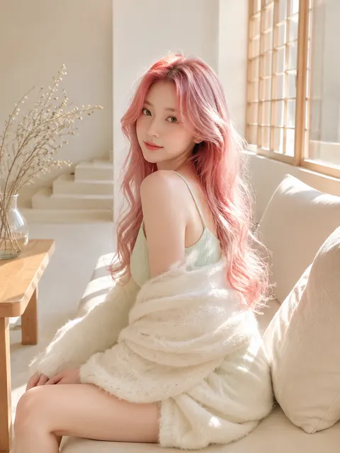 Create a soft, photorealistic lifestyle portrait in a bright minimalist living room during morning sunlight. A young woman with long, wavy {argument name="hair color" default="rose pink"} hair sits sideways on a cream sofa, turned slightly toward the camera with a fluffy, gentle smile implied. She wears exactly 2 visible clothing pieces: an oversized fuzzy white knit cardigan slipping off one shoulder, and a pale mint-green camisole or slip dress. The composition is vertical 3:4, waist-up to seated full torso, with her hair flowing over her shoulders and catching warm backlight. The room has exactly 5 key background elements: a cream sofa with large cushions on the right, tall sunlit windows with wooden lattice frames on the right, a low wooden coffee table on the left, a glass vase with delicate branches on the table, and pale walls with shallow steps in the back. Use airy Japanese/Korean apartment aesthetics, soft natural light, pastel tones, subtle film-like realism, shallow depth of field, delicate hair strands, cozy morning mood, no text, no watermark, no extra people.