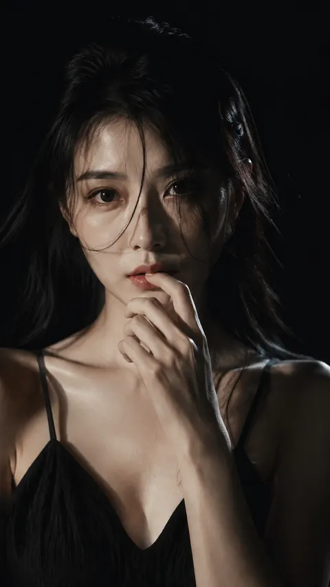 Photorealistic emotional studio portrait, beautiful young Chinese female influencer, fair cool-toned porcelain skin, elegant slim figure, facing directly toward the camera, dark low-key studio environment with single-light cinematic setup, extreme light and shadow contrast, intense emotional atmosphere, strong direct eye contact, subtle melancholic expression, soft parted lips, delicate micro-expressions, vertical composition combining close-up and half-body framing.

Japanese negative film aesthetic mixed with luxury editorial photography, Ricoh GR III mood, subtle Fujifilm Pro 400H / Classic Negative tones, low saturation, muted cinematic colors, soft highlight bloom, realistic skin texture, visible pores, delicate film grain, memory-like realism, soft diffusion around highlights, premium fashion-magazine mood.

Pose: facing the camera naturally, shoulders squared toward the lens, one hand gently touching lips or resting lightly near the chin, relaxed neck line, natural feminine posture, loose black hair falling softly across the face, subtle messy strands, emotional tension through eye expression instead of exaggerated posing, candid and intimate atmosphere.

Lighting: single soft spotlight from upper front-side angle, deep shadow falloff, dramatic chiaroscuro effect, controlled specular highlights on skin, black seamless backdrop fading into darkness.

Camera settings: Canon DSLR, manual mode, aperture f1.8–f2.8, shutter speed 1/125s, ISO100–200, white balance 4000K neutral tone, single-point eye autofocus, shallow depth of field, ultra-detailed eyes, creamy background blur.

Ultra realistic photography, luxury emotional portrait, cinematic editorial quality, high-end beauty photography, no watermark, no text, no extra fingers, no distorted anatomy, 9:16 vertical composition.