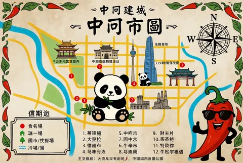 type: illustrated map infographic | style: {argument name="art style" default="watercolor and ink hand-drawn illustration on vintage parchment"} | text: {argument name="city name" default="成都"} {argument name="map title" default="吃货暴走地图"} | mascot: cartoon red chili pepper wearing sunglasses and giving a thumbs up | border: {argument name="border decoration" default="vine of green leaves and red chili peppers"} | background: textured beige parchment paper with yellow roads, blue rivers, and green park areas | title: landmarks | traditional pavilion | traditional monastery | modern skyscraper with climbing panda | tall TV tower | traditional gate | industrial buildings | 人民公园 | 339电视塔 | 宽窄巷子 | 东郊记忆 | title: food_spots | mapo tofu | dumplings in chili oil | skewers in pot | sticky rice balls | egg baking cake | nine-grid hotpot | sweet potato noodles | cold skewers | spicy mixed dish | covered tea bowl | ice jelly dessert | spicy rabbit heads | 1 陈麻婆豆腐 | 2 钟水饺 | 3 春熙路 | 4 宽窄巷子·三大炮 | 5 建设路·叶婆婆蛋烘糕 | 6 玉林路·小龙坎火锅 | 7 香香巷·肥肠粉 | 8 武侯祠大街·钵钵鸡 | 9 东郊记忆·冒椒火辣 | 10 人民公园·鹤鸣茶社 | 11 锦里古街·冰粉 | 12 双流老妈兔头 | position: bottom-right | red dot | green house | green tree | blue line | yellow double line | 美食地点 | 地标景点 | 公园绿地 | 河流湖泊 | 主要道路 | centerpiece: giant panda sitting and eating bamboo | vintage compass rose with N, S, E, W | disclaimer text '温馨提示：吃辣需谨慎，肠胃要保护~' with a red chili pepper icon