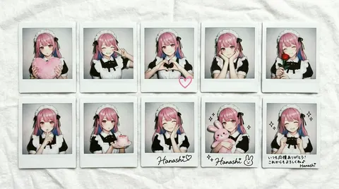 { "type": "collection of instant photos", "setting": "laid out flat on a white fabric surface", "character": { "hair": "{argument name=\"hair color\" default=\"long pink hair with blue inner color\"}", "outfit": "{argument name=\"outfit\" default=\"black and white maid uniform with frilly headband and black ribbons\"}", "eyes": "reddish-pink" }, "layout": { "arrangement": "two rows of five polaroid photos", "count": 10, "photos": [ { "position": "top row 1", "description": "holding a pink heart cushion" }, { "position": "top row 2", "description": "winking, making a peace sign" }, { "position": "top row 3", "description": "making a hand heart, pink heart doodle on the bottom border" }, { "position": "top row 4", "description": "resting chin on hands, gentle smile" }, { "position": "top row 5", "description": "holding a red rose, winking" }, { "position": "bottom row 1", "description": "finger to lips, shy expression" }, { "position": "bottom row 2", "description": "holding a small pink cake" }, { "position": "bottom row 3", "description": "winking, hand near face, signature '{argument name=\"signature text\" default=\"Hanashi\"}' and heart doodle on border" }, { "position": "bottom row 4", "description": "holding a pink bunny plushie, sparkle doodles, signature '{argument name=\"signature text\" default=\"Hanashi\"}' and bunny doodle on border" }, { "position": "bottom row 5", "description": "winking, sparkle doodles, message '{argument name=\"message text\" default=\"いつも応援ありがとう！これからもよろしくね♪\"}' and signature '{argument name=\"signature text\" default=\"Hanashi\"}' on border" } ] } }