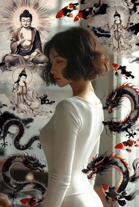 [中文] 一张动态的混合媒体摄影作品，将超写实肖像与传统的中国水墨插画相融合。 中心人物是一位具有柔和短波波头短发造型的照片般逼真的年轻亚洲女性。她的妆容自然且极简，表情平静而温柔。她背对相机站立，姿态呈现出优雅的S型曲线，营造出优美流畅的剪影。她微微转动上半身，越过肩膀回眸，带着一种安静、内省的情绪。 她穿着一件简约、修身的白色长袖服装，线条干净，面料柔软，传达出纯洁与极简主义，不显露细节。 她被置于一个靠近阳光明媚窗户的真实世界室内环境中。背景被严重模糊，具有强烈的散景和浅景深，营造出梦幻且充满氛围的环境。 从这种柔和模糊的现实之中，爆发出丰富的传统水墨插画，并环绕着她的身形。构图包括： - 带有耀眼光环的庄严如来佛像 - 在云端漂浮的优雅观音像 - 在空间中盘旋的流动中国水墨龙 - 在动态的水墨笔触中游动的成群锦鲤 这些元素以黑墨和朱红色调渲染，形成一幅密集的、具有精神力量的视觉织锦。水墨在她周围有机地流动，部分重叠并融入她的剪影之中，在现实与神话之间创造出无缝的融合。 没有轮廓线或贴纸效果。融合是自然、流畅且沉浸式的。 风格：电影级摄影，超精细，8k，柔光，现实与水墨艺术之间的高对比度，美术构图，博物馆级美学 宽高比：3:4 [English] A dynamic mixed-media photograph blending hyper-realistic portraiture with traditional Chinese ink illustration. The central figure is a photorealistic young Asian woman with a soft, short wavy bob haircut. Her makeup is natural and minimal, with a calm and gentle expression. She stands with her back to the camera in an elegant S-curve posture, creating a graceful and flowing silhouette. She slightly turns her upper body to glance over her shoulder with a quiet, introspective mood. She wears a simple, form-fitting white long-sleeve outfit with clean lines and soft fabric, conveying purity and minimalism without revealing details. She is placed in a real-world indoor setting near a sunlit window. The background is heavily blurred with strong bokeh and shallow depth of field, creating a dreamy and atmospheric environment. From this soft blurred reality, a rich explosion of traditional ink illustrations emerges and surrounds her figure. The composition includes: - Majestic Tathagata Buddhas with radiant halos - Elegant Guanyin figures floating among clouds - Flowing Chinese ink dragons coiling through space - Schools of koi fish swimming in dynamic ink strokes These elements are rendered in black ink and cinnabar red tones, forming a dense, spiritual visual tapestry. The ink flows organically around her, partially overlapping and blending into her silhouette, creating a seamless fusion between reality and myth. No outlines or sticker effects. The integration is natural, fluid, and immersive. Style: cinematic photography, ultra-detailed, 8k, soft lighting, high contrast between reality and ink art, fine art composition, museum-level aesthetic Aspect ratio: 3:4