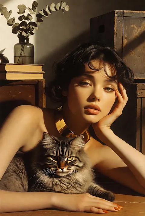 时尚杂志人像，超高细节 8K 画质，电影光影。女子侧躺，单手托头，身体微朝向镜头；神态柔和宁静，略带朦胧感。佩戴金色颈圈，暖橙色修长美甲。长毛猫悠闲卧于女子身前，状态温顺放松。
暖调复古室内环境：老旧木箱、泛黄古书、插干尤加利的玻璃瓶、暖木地板。柔和暖影棚光线，阴影舒缓。
整体氛围复古优雅充满艺术气息；主色调暖棕、金色、低饱和中性色；细腻表现织物、旧纸张、木器、动物皮毛质感。风格：高级时尚大片，兼具绘画质感与电影氛围感。