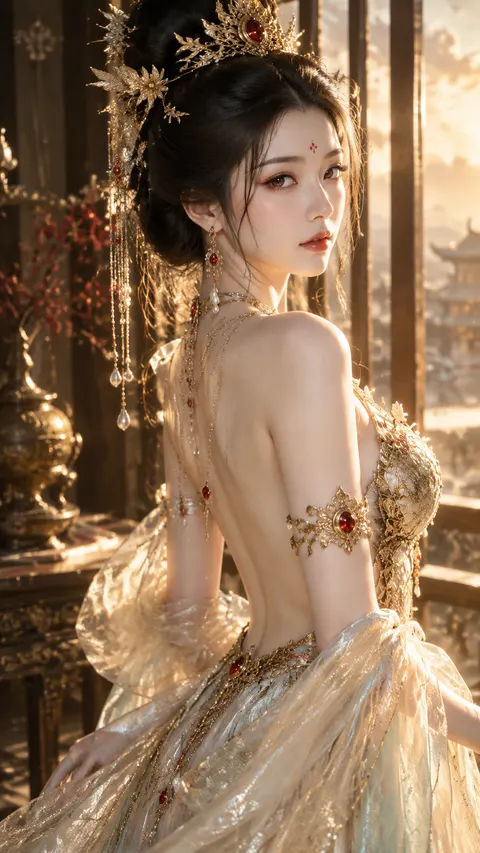 9:16竖版，超写实真人摄影，高预算东方古装奇幻电影剧照，中国古典宫廷美学，奢华鎏金东方幻想风格，一位明确成年的年轻东亚女性站在古典中式室内窗边，背身面向镜头，身体呈优雅三分之二侧背姿态，头部转向镜头回眸。

【人物】

23-27岁成年东亚女性，
纤细修长、比例自然的成年女性体态，
精致自然鹅蛋脸，
小巧流畅下颌线，
白皙象牙色肌肤，
真实细腻皮肤纹理，
肩颈线条修长，
自然清晰的锁骨与肩胛骨，
背部线条纤细优雅。

深棕黑色杏仁眼，
自然双眼皮，
眼尾轻微上挑，
纤长睫毛，
暖棕红色眼影，
眼尾略微加深，
眼神清冷、安静、略带神秘感。

鼻梁纤细挺直，
鼻尖精致，
嘴唇自然饱满，
低饱和朱砂红、珊瑚红水润唇色。

额头中央点缀一枚非常小的红色古典花钿，
由红色宝石/朱砂点构成，
精致克制。

【发型】

浓密乌黑长发，
盘成大型东方古典高髻，
头顶具有自然蓬松体积，
后脑发髻圆润饱满，
结构复杂但真实。

额前中分，
两侧保留少量自然碎发，
耳侧细长发丝自然垂落，
几缕黑色碎发被逆光照亮。

真实黑发质感，
单根发丝清晰可见，
不要塑料假发。

【头饰】

发髻顶部中央佩戴一件大型香槟金镂空古典发冠。

发冠中央镶嵌一颗大型椭圆形深红色宝石，
周围延伸出对称的金色花叶、卷草纹、凤凰羽毛状结构。

发髻右侧插入数枚立体鎏金花簪，
花芯镶嵌小型红宝石。

右侧垂落长款金色步摇，
由细金链、红宝石、白珍珠、水滴珍珠组成，
自然垂落至颈部附近。

金属饰品被夕阳照射，
产生细腻金色高光。

【耳饰】

长款香槟金耳坠，
细密金属花纹，
镶嵌红宝石，
下方连接小型水滴珍珠。

【服装——核心】

人物穿一件极其华丽的东方幻想宫廷礼服。

主色：
象牙白
珍珠白
香槟金
极浅青绿色。

服装采用大面积露背设计。

整个上背部基本裸露，
从肩膀一直延伸至腰部，
形成优雅、干净的背部曲线。

服装主体沿身体侧面包裹，
胸前与腰部由精致的立体鎏金金属浮雕结构固定。

侧胸区域覆盖大型香槟金立体花叶/凤凰羽毛纹金属装饰，
具有真实金属厚度。

金属纹样呈：
凤凰羽毛
卷草纹
花瓣纹
云纹
东方宫廷镂空纹。

中央镶嵌数颗深红色宝石。

不要平面刺绣，
重点是具有珠宝级质感的3D鎏金浮雕。

【手臂饰品】

靠近镜头一侧上臂佩戴大型香槟金臂环。

臂环呈东方卷草与花瓣造型，
中央镶嵌椭圆形深红宝石，
周围延伸金色枝蔓结构。

金属贴合上臂，
具有真实重量和立体厚度。

【背部珠链】

裸背上方从颈后垂落多层极细金色珠链。

数条细金链顺着脊柱自然下垂，
部分形成柔和弧线。

链条末端连接小型水滴金饰与红色宝石。

珠链受到暖金逆光照射，
产生闪烁高光。

【披帛】

双臂与腰部环绕大面积半透明香槟金披帛。

披帛非常轻薄，
类似透明真丝、欧根纱与薄纱混合材质。

具有：
珍珠光泽
细密金丝
轻微闪粉
半透明褶皱
真实织物折射。

披帛从手臂自然滑落，
在人物腰臀附近形成柔和流动曲线。

不要厚重普通汉服袖子。

【姿态——严格锁定】

人物站立。

身体背对摄影机约60-70度，
展