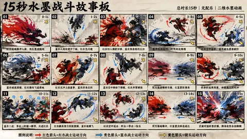 16:9横版，15秒水墨战斗故事板，3行5列共15格，纯二维水墨动画分镜，整体以《雾山五行》式高燃战斗水墨美学为核心参考：凌厉、狠、快、爆、招招见力，色彩绚烂，泼墨夸张，动作极有打击感。必须是水墨动画分镜，不要做成3D，不要真人，不要素描，不要静态插画，不要海报。整张图是连续同一场战斗的导演故事板，不是15张互不相关的插画。

整体要求：

两名战斗角色，从第1格打到第15格，全程都在战斗，没有停顿，没有对峙发呆，没有空镜，没有重复招式，没有重复构图，没有重复受力方式。一定要强化“大范围空间位移”，不能只是原地互殴，必须不断发生前冲、腾跃、翻转、贴地滑行、空中交错、击飞、追击、回拉、俯冲、横向穿杀等大位移。动作设计要体现“从头打到尾、招式不重样、越打越狠、越打越快”。

角色颜色区分必须极其明显：

战士1：红衣，主色为朱红、赤金、橙红、黑墨，攻击时带火焰般的朱砂墨浪。

战士2：蓝衣，主色为青蓝、靛蓝、冷白、黑墨，攻击时带水流般的冰冷墨潮。

两人无论衣袍、残影、攻击轨迹、泼墨、气浪，都必须用不同颜色严格区分，绝不能混淆。

画风要求：
纯二维手绘水墨动画质感，线条有毛笔锋芒，墨色有浓淡干湿变化，泼墨、飞白、积墨、渗化、拖笔、甩墨、断墨、墨点爆散都要非常清晰华丽。画面要有中国宣纸水墨的味道，同时又要有极强的速度感与爆发力。每一次碰撞都要炸出大面积彩墨与碎墨飞溅，视觉效果凌厉、锋利、华美。水墨细节一定要丰富，不能只是简单几笔色块。

故事板版式要求：
整张图顶部写大标题“15秒水墨战斗故事板”，右上角写“总时长15秒｜无配乐｜二维水墨动画”。每格有编号01-15，每格右上角标明时间，如0-1s、1-2s，一直到14-15s。每格下方有简洁中文说明。每格保留运动箭头：红色箭头表示红衣战士运动方向，青色箭头表示蓝衣战士运动方向，黄色箭头表示镜头运动方向。底部有图例说明箭头含义。分镜动作设计必须详细如下：

01（0-1s）
红衣战士低姿贴地暴冲入画，身体几乎擦着地面前掠，身后掀起巨大的朱红墨浪，地面被冲劲刮出墨痕。开场即进入战斗状态，绝不能静态站立。

02（1-2s）
蓝衣战士从高处翻身俯冲下砸，带着竖直劈落的青蓝墨刃，像一笔从天落下的重墨，砸向红衣前方地面，地面炸裂，墨石飞溅，红衣急闪。

03（2-3s）
红衣借闪避之势贴身切入，一记横肘接冲拳猛攻蓝衣胸腹，蓝衣侧身格挡反拧手臂，两人第一次近身重撞，爆出大量红蓝撞色泼墨。

04（3-4s）
蓝衣顺势下潜，贴地旋扫红衣下盘，带出弧形蓝墨浪；红衣跃起躲过，同时凌空下压一记膝撞，两人上下错位交锋，空间层次明确。

05（4-5s）
红衣空中转体，借旋转甩出巨大火焰般朱砂墨弧，从上往下猛斩；蓝衣双掌推开，硬凝出水幕般的冷蓝墨盾，盾面被斩得炸裂四散。

06（5-6s）
蓝衣破盾反进，猛然前冲肩撞，把红衣撞得横向飞退，红衣脚下擦地滑出长长墨痕，衣袍和墨气被气流撕开，受力反馈极强。

07（6-7s）
红衣借后退之势猛踏地面反冲，整个人如炮弹般折返杀回，一记上挑式重拳或掌刃直顶蓝衣下颌，蓝衣被打得仰身后折，蓝墨飞爆。

08（7-8s）
蓝衣在后仰中强行翻身，空中转体回敬一记凌厉下劈腿，腿势像一笔斜切的冷蓝长锋；红衣举臂硬接，手臂周围炸出浓重墨点和碎墨。

09（8-9s）
两人同时高速横向移位，一红一蓝从画面左右交错穿杀，留下两道长长彩墨残影，第一次明显拉开空间，不是贴身原地打，而是高速擦身而过。

10（9-10s）
擦身而过后，两人几乎同时拧身折返，红衣从左后方回旋突刺，蓝衣从右后方俯身滑步回攻，二人第二次中距离对冲，速度进一步提升。

11（10-11s）
蓝衣以连续三段不同招式猛攻：掌击、肘撞、膝顶，一气呵成，把红衣一路压退；每一击都要有不同姿势和不同受力反馈，绝不能重复。

12（11-12s）
红衣在被压制中突然借力翻身，抓住节奏反打，一记大开大合的回旋重踢将蓝衣踢飞到半空，蓝衣飞出一道巨大蓝色泼墨轨迹，空间位移拉满。

13（12-13s）
红衣追空而上，空中连续追击，但动作不能重复：先肘击，再反身掌击，再以坠落势压下；蓝衣在半空中勉强格挡、翻滚、卸力，红蓝墨气在空中狂炸。

14（13-14s）
蓝衣落地瞬间滑退卸力，随后反向爆冲；红衣也同步落地前冲。两人从远距离两端同时全力冲刺，红蓝两道巨型墨流在画面中线急速逼近，形成最终决战前的最高张力。

15（14-15s）
最终正面对撞，红色火墨与蓝色水墨轰然爆炸，形成全画面级别的彩墨巨爆，泼墨、飞白、碎墨、渗化全部拉满。爆炸后两人高速擦身而过，背靠背收势，但墨气仍在身后翻腾，形成强烈余劲和终结感。最后一格依旧是战斗收势后的强烈余波，不是静止摆拍。额外强化要求：

1.  每格动作都必须不同，禁止重复拳打脚踢模板。

2.  每格都要有明显身体受力反馈：弹开、震退、滑退、击飞、坠落、翻滚、回冲。

3.  每格都要有明显环境墨效变化：泼墨、爆墨、拖墨、碎墨、飞白、渗化层层不同。

4.  镜头构图要不断变化：低角度、近景冲撞、中景横移、仰拍腾跃、俯拍追击、正面对撞，不能15格都一个机位。

5.  整体节奏前紧后炸，层层递进，最后3格必须把速度、位移、打击感、色彩爆发推到最高。

6.  不要配乐，不要字幕，不要logo，不要多余人物，不要背景抢戏，不要现代物件。

7.  严禁3D渲染感，严禁真人电影质感，严禁素描稿感，严禁静态插画感，必须是纯二维高完成度水墨动画故事板。