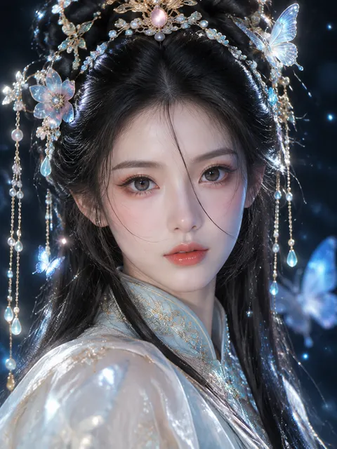 1:1方形构图，超写实东方古风电影人像摄影，极致唯美，高级东方幻想美学，明确成年的年轻东亚女性，古典仙姬造型，夜幕下的梦幻蝶灵主题，真人摄影质感，而非插画、动漫或3D。

【人物主体】

一位约22-26岁的成年东亚女性，精致清冷的东方古典美人气质。

脸型为柔和的小鹅蛋脸，脸部轮廓流畅，下颌纤细自然，不要过尖，面部比例精致协调。

象牙白偏冷调的通透肌肤，真实细腻皮肤纹理，皮肤表面具有非常柔和的自然高光，保留鼻尖、眼下、脸颊细微真实质感，不要塑料磨皮。

五官：
大而清澈的杏仁眼，
深灰棕色虹膜，
黑色瞳孔，
眼睛具有清晰明亮的catchlight，
双眼直接凝视摄影机。

自然细长的东方眉形，
眉毛颜色深棕偏黑，
眉峰非常柔和。

鼻梁细直，
鼻尖小巧圆润。

嘴唇自然饱满，
唇形精致，
珊瑚橘红+裸杏色水光唇，
嘴唇微微闭合，
表情安静、清冷、克制，
没有明显笑容。

整体神态：
清冷
高贵
神秘
柔美
带一点不食人间烟火的仙气。

【妆容】

极其精致但自然的东方古典妆容。

眼妆以暖杏色、浅蜜桃色、极淡赤金色为主。

上眼睑使用非常薄的杏桃色晕染，
眼尾略微加深，
极细黑棕色眼线沿睫毛根部延伸，
眼尾轻微上扬。

睫毛纤长、浓密但根根分明，
禁止夸张假睫毛。

下眼睑带非常淡的蜜桃色，
卧蚕具有柔和高光。

脸颊带极淡杏粉色腮红。

嘴唇使用水润珊瑚橘红色，
具有真实唇纹和细腻高光。

【发型——重点】

乌黑浓密长发。

东方古代高髻与半盘发结合造型，
顶部头发梳理整齐，
形成饱满、圆润、具有体积感的古典发髻，
后方保留部分长黑发自然垂落。

头发必须呈现真实黑色丝绸般光泽，
可以清晰看到一根根细小发丝。

额前中分偏自然分缝，
两侧留出非常细的鬓发。

一根极细黑色碎发从额头中央斜向垂落，
经过眉间与鼻梁附近。

另外几根非常轻盈的碎发横过脸颊。

碎发像受到极轻微夜风吹动，
具有真实物理惯性。

【头饰——核心识别元素】

发髻上佩戴极其精致的东方古典珠翠头冠。

整体配色：
香槟金
浅金
冰蓝
湖水蓝
半透明粉色
珍珠白。

头顶中央是一枚小型华丽金色花冠结构，
金属采用精细镂空卷草纹，
中央镶嵌一颗半透明粉色宝石。

周围镶嵌浅蓝色玉石、水滴形珠宝以及细小珍珠。

头发两侧插入多枚东方花簪。

右侧明显出现一朵半透明琉璃花：
五瓣花瓣，
冰蓝渐变至淡粉色，
花瓣具有玉石/琉璃半透明质感，
中央为精细金色花蕊。

花簪下方悬挂细小金链和一颗水滴状浅蓝玉石。

左右两侧各存在细长的金色步摇。

步摇由：
细金链
珍珠串
冰蓝色珠子
乳白色水滴玉坠
组成。

其中左侧步摇进入画面边缘，
形成明显虚实层次。

金属与宝石在光线下产生非常细腻的闪光，
但不要廉价塑料饰品感。

【服装】

人物穿着极其高级的东方古典仙气礼服/改良汉服。

主色：
月白
象牙白
极浅冰蓝
少量香槟金。

领口采用淡冰蓝色高领结构，
领口具有精细的金色立体花卉刺绣，
可以看到金线纹理。

肩部覆盖一层极薄的半透明象牙白轻纱。

轻纱具有真实丝绸和欧根纱混合质感，
柔软、通透、轻盈。

肩膀位置具有非常细小的珠光闪点，
像月光落在纱面。

服装只作为人物脸部的辅助，
画面视觉中心绝对是眼睛和脸。

【姿势】

人物身体微微侧向摄影机。

肩膀形成轻微斜线，
头部轻轻转向镜头。

脸部基本正面呈现，
下巴保持自然高度。

双眼完全直视摄影机。

身体静止，
只有少量碎发受到微风影响。

整体姿态非常安静，
像夜色中突然回头看向摄影机的古代仙姬。

【蝴蝶——重要】

人物周围出现少量梦幻发光蝴蝶。

蝴蝶不是密集群体，
只出现约3-5只。

蝴蝶颜色：
冰蓝
月白
极淡粉蓝。

右上方出现一只稍大的蓝白色半透明蝴蝶，
位于人物发髻附近。

右侧背景另有一只大型蓝色蝴蝶，
处于严重虚化状态。

部分蝴蝶只有模糊轮廓，
形成前后空间层次。

蝴蝶翅膀具有：
半透明质感
蓝色微光
细腻翅脉
珍珠般反射。

不要卡通蝴蝶，
必须像真实蝴蝶融合东方幻想电影特效。

【环境】

深夜东方幻想场景。

背景非常暗，
以深墨蓝、黑青色、深孔雀蓝为主。

环境本身几乎不可辨认，
不要出现明显建筑，
让人物从黑暗背景中浮现。

背景散布极少量微小蓝色光点，
像夜间萤火、漂浮尘埃或仙气粒子。

绝对不要星空大场景，
重点保持极简暗背景。

在黑色头发边缘形成非常漂亮的银白色rim light。

人物正前方偏左使用柔和暖白色主光，
照亮脸部。

脸部保持象牙白，
具有非常细腻的明暗过渡。

鼻梁中央形成柔和高光。

双眼具有清晰catchlight。

嘴唇具有水润高光。

右侧脸部略暗，
形成轻微电影级立体阴影。

金色发饰产生少量金色高光。

冰蓝色宝石与蝴蝶产生冷蓝反射。

【镜头与构图】

1:1正方形。

85mm人像镜头视觉，
全画幅摄影，
F1.4-F1.8超大光圈。

极近距离头肩肖像。

摄影机大约与人物眼睛同高。

人物脸部占画面约40%-50%。

眼睛位于画面视觉黄金区域。

头顶发冠允许略微靠近画面顶部，
但保留主要珠翠结构。

肩膀位于画面下部。