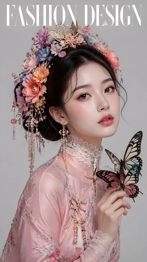 A beautiful woman wearing a pink cheongsam (qipao), with an exquisite floral headpiece, her hair adorned with colorful flowers, and an elegant white lace collar around her neck. One of her hands is gently holding several large butterflies. The overall shooting style presents a high-definition detailed texture, similar to a fashion magazine cover design, with the text "FASHION DESIGN" placed at the top center of the photo. The background uses a simple solid light gray to highlight the main subject.
