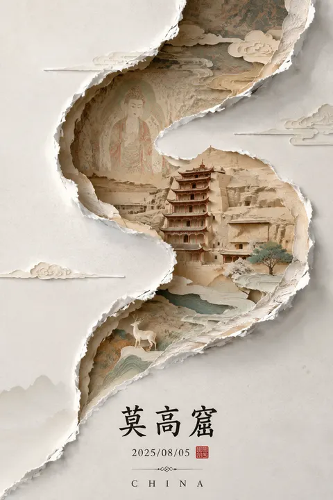【主题词：莫高窟】
极简新中式美学风格，画面以淡雅的灰白色宣纸质感为背景，呈现纸艺剪影般的立体层叠效果。
一条自然流畅的S形蜿蜒撕纸裂痕边缘将画面分割，仿佛撕开一层纸面，露出内部隐藏的主题世界。
裂口内部围绕「{{USER_THEME}}」展开视觉主体，将该主题的核心元素进行东方美学艺术化呈现。
根据主题特点，提取其代表性元素，通过中国传统绘画、剪纸艺术、工笔画、东方山水意境与现代视觉设计相融合的方式进行表现。
画面内部采用柔和雅致的东方色彩体系，层次丰富但布局克制，主体元素自然融合，形成独特的东方视觉叙事。
整体构图保持S形视觉动线，空间具有流动感和节奏感，体现自然、人文与主题之间的和谐共生。
画面细节精致：
柔和光影、细腻纹理、纸张纤维、立体阴影、层叠结构清晰可见，营造高级3D浮雕纸艺效果。
裂口边缘采用真实撕纸效果，具有纸张厚度、纤维边缘和空间悬浮感，呈现博物馆级艺术装置视觉体验。
底部加入极简东方排版设计：
主标题：
「{{USER_THEME}}」
采用黑色楷体或宋体书写。
日期：
「{{CURRENT_DATE}}」
其中 {{CURRENT_DATE}} 自动读取系统当前日期，格式为 YYYY/MM/DD。
日期旁搭配红色传统印章元素。
底部加入庄重英文：
「CHINA」
整体风格：
极简、高级、东方美学、禅意、诗意、国风艺术海报、展览级设计、超精细、8K、高质量视觉作品。
负面提示词：
避免现代商业海报感，避免复杂文字，避免人物畸形，避免低清晰度，避免卡通风，避免塑料质感，避免欧美风格，避免颜色过度饱和，避免杂乱背景。